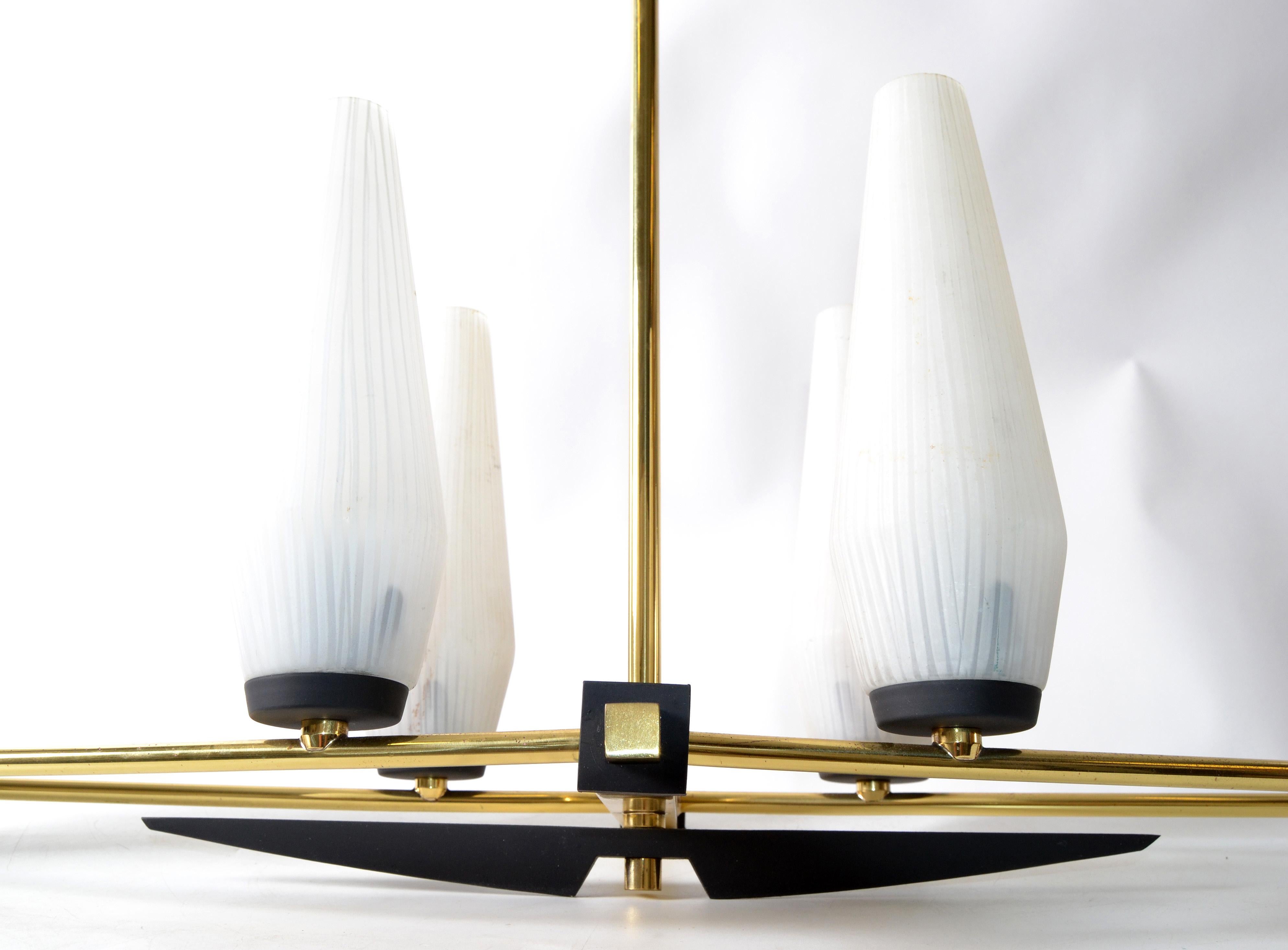 Italian Chandelier Stilnovo Style Cone Blown Opaline Glass Shades 1960 For Sale 3