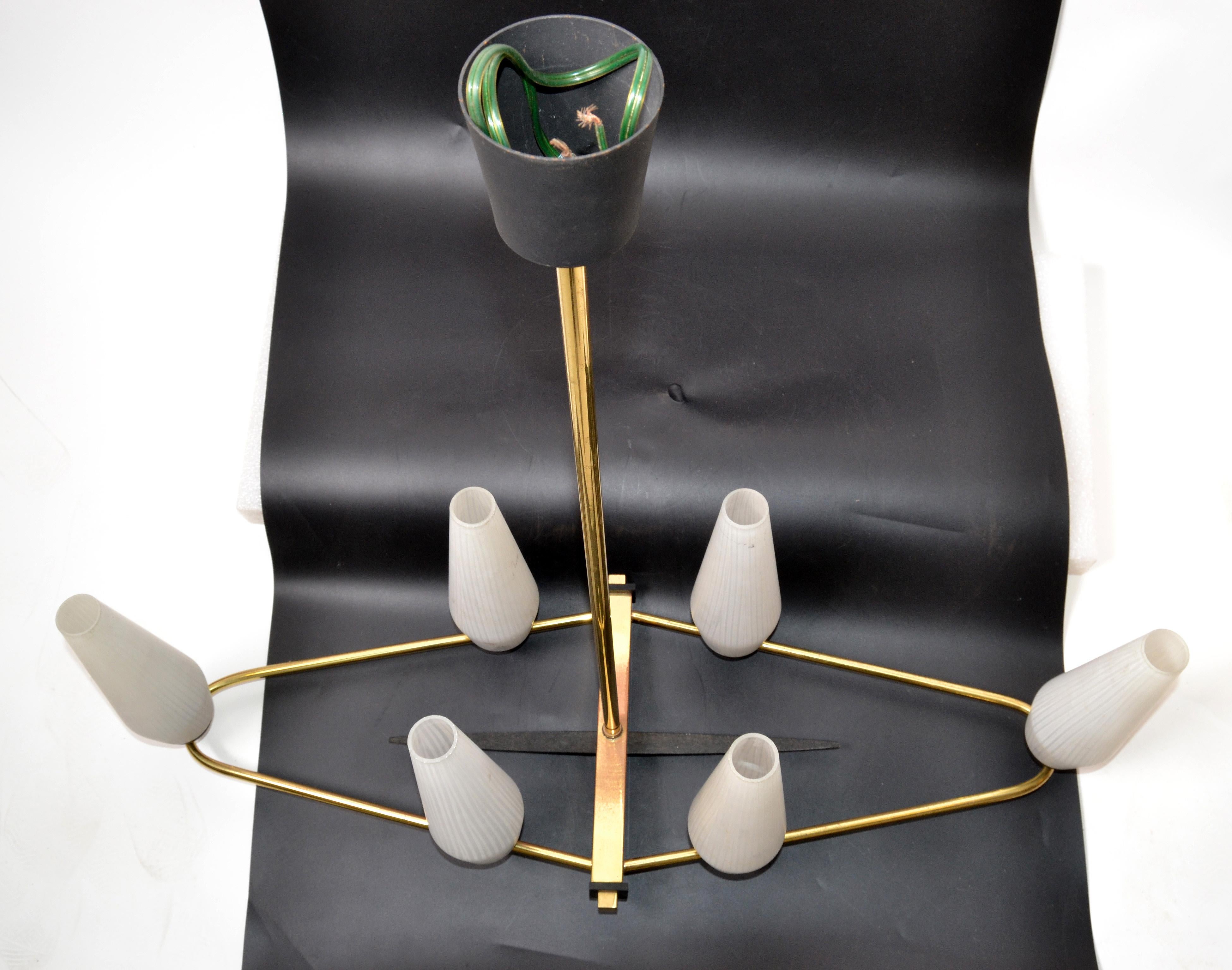 Brass Italian Chandelier Stilnovo Style Cone Blown Opaline Glass Shades 1960 For Sale
