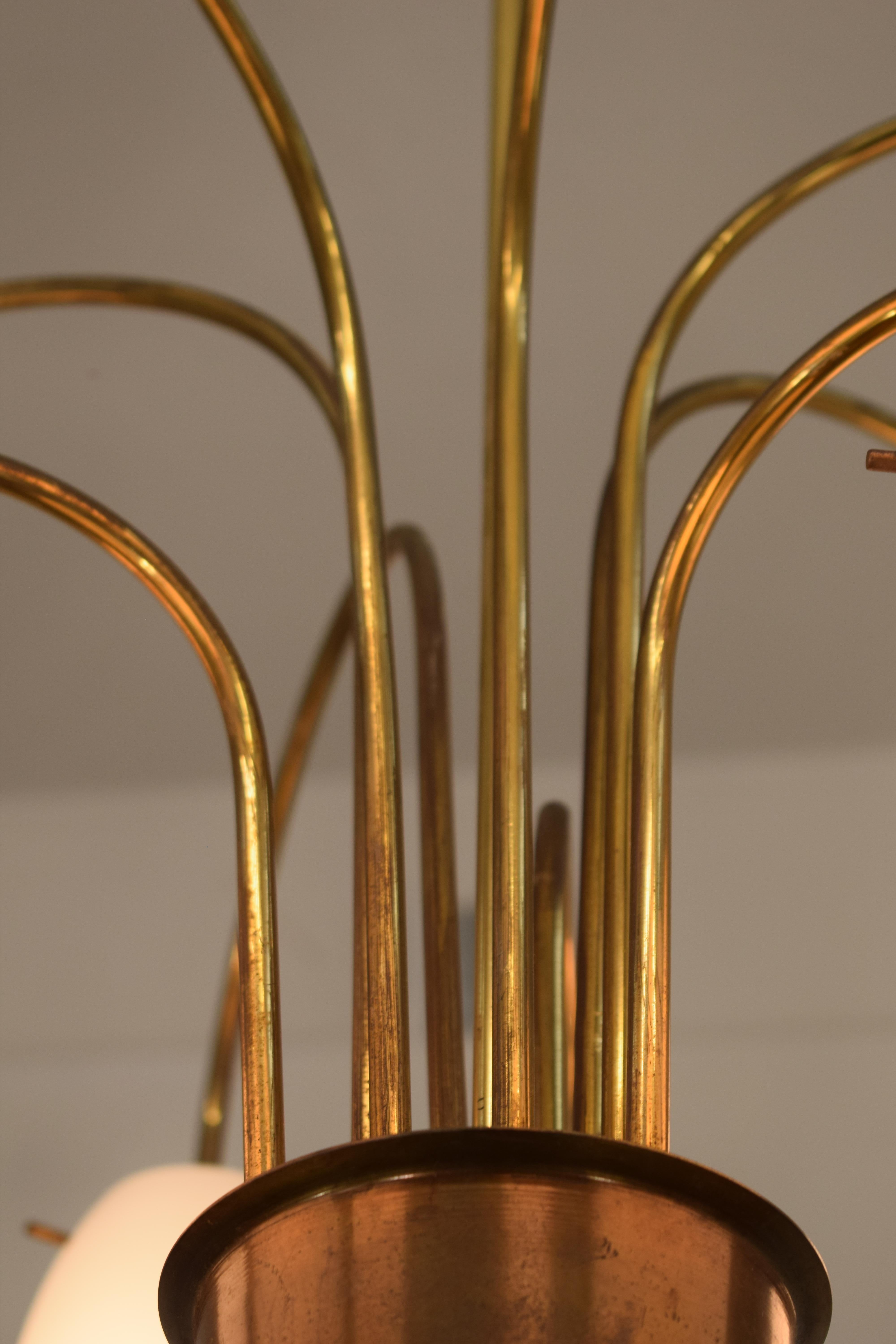 Brass Italian chandelier by Stilnovo, opaline glass and brass, 1950s