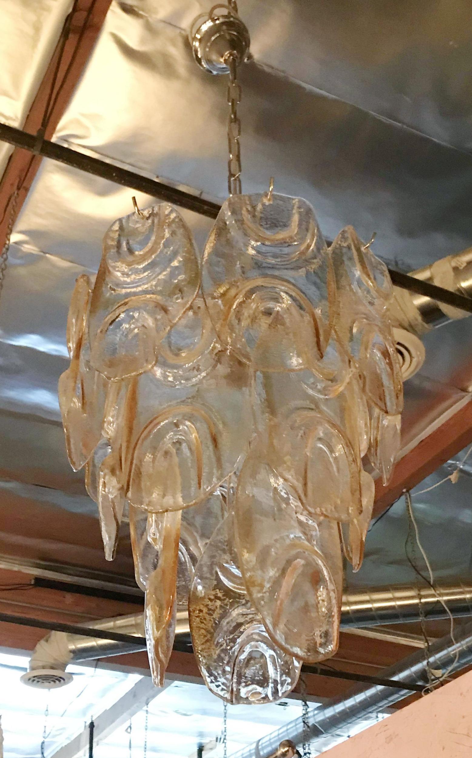 Mid-20th Century Italian Chandelier Clear & Amber Murano Glass Leaf Petals, Nickel Frame, Mazzega