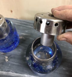 Italian Chandelier Composed of Two Lights Inserted in Truncated Cone Blue Glass