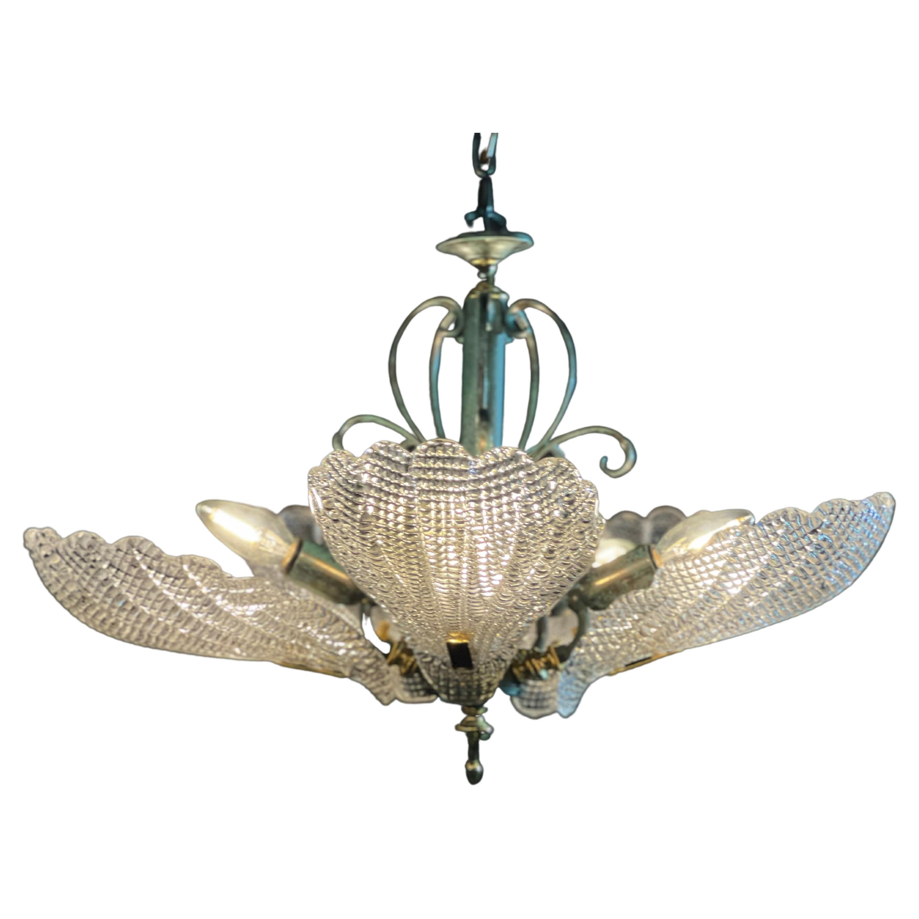 Italian Chandelier Five Leaves with Golden Details, Murano 1990 For Sale