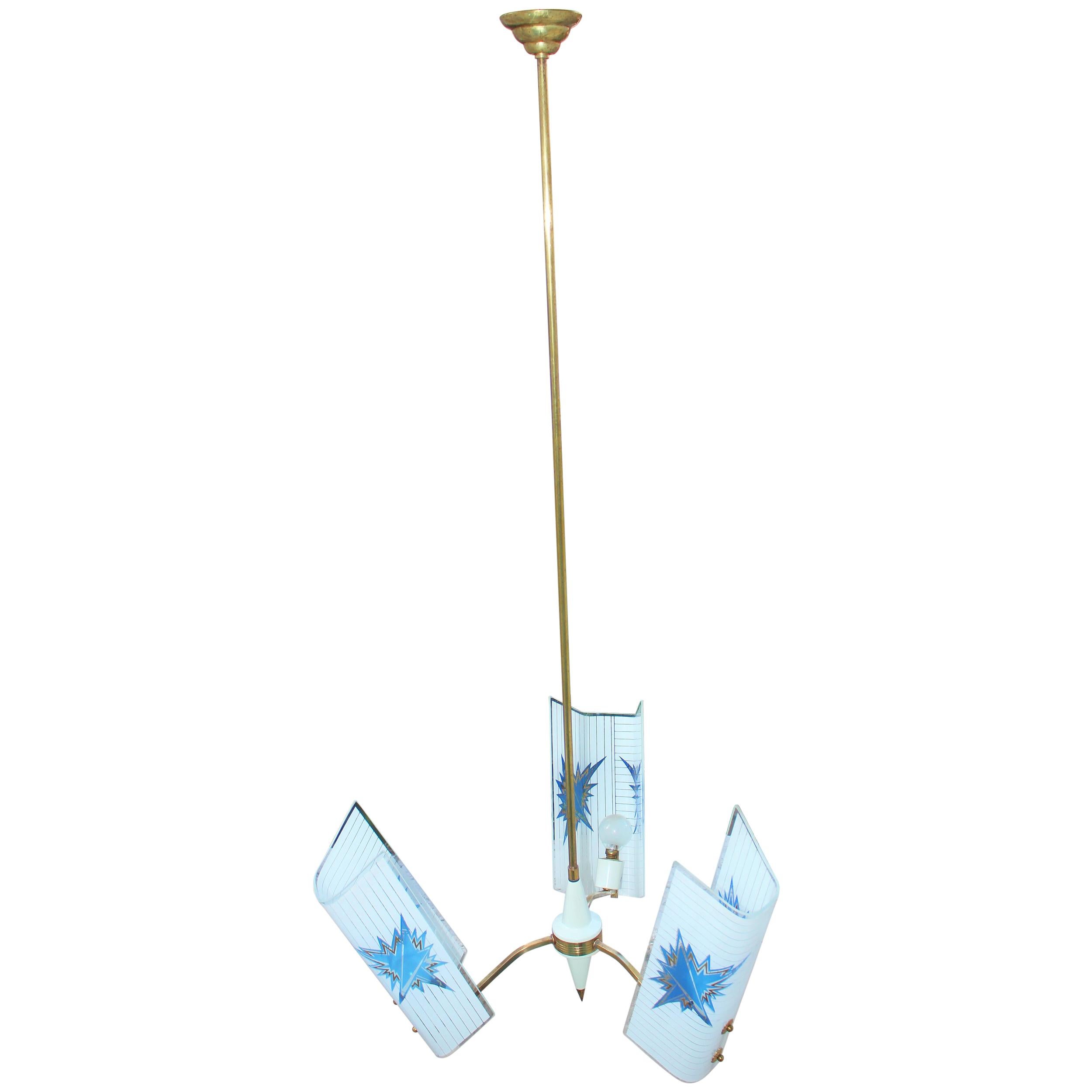Brass Italian chandelier, period 1950 s brass base and glass.
