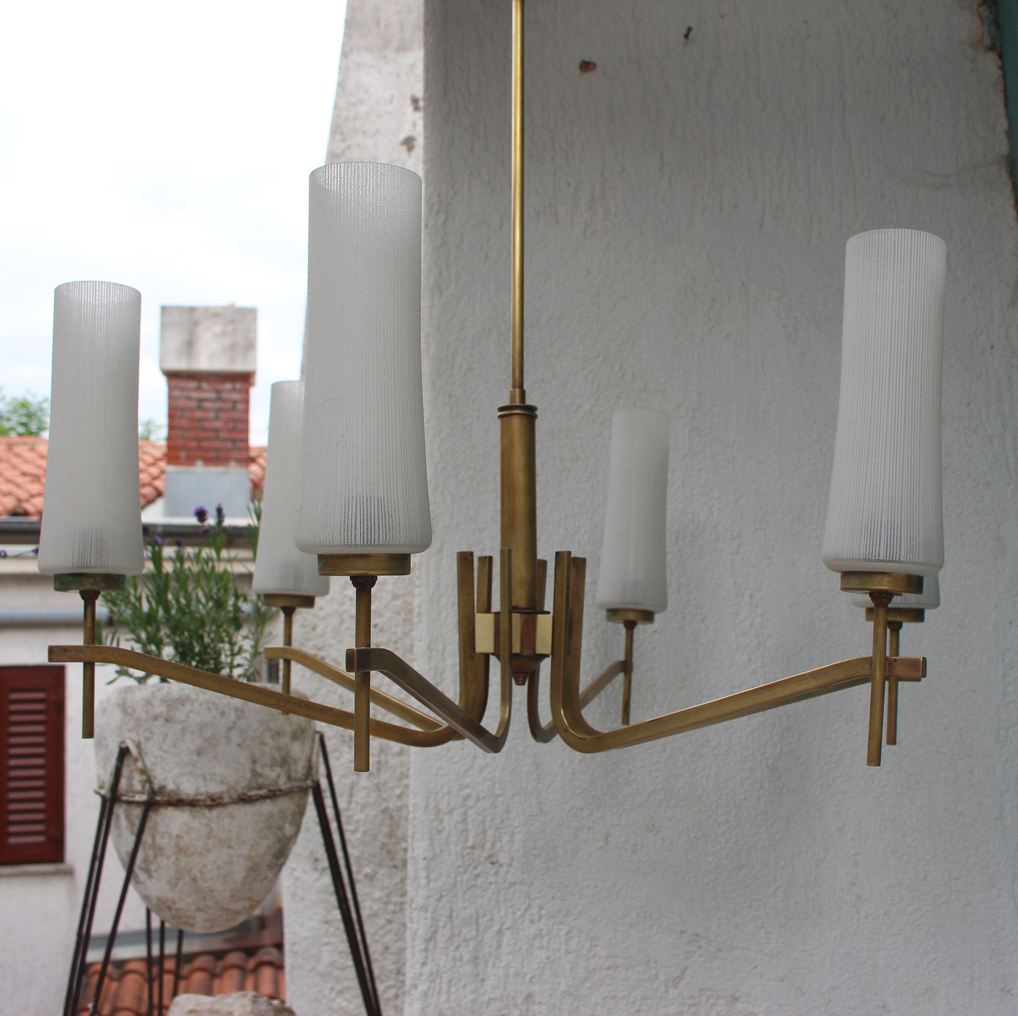 Italian chandelier with six Murano glass shade on the brass base in original condition.