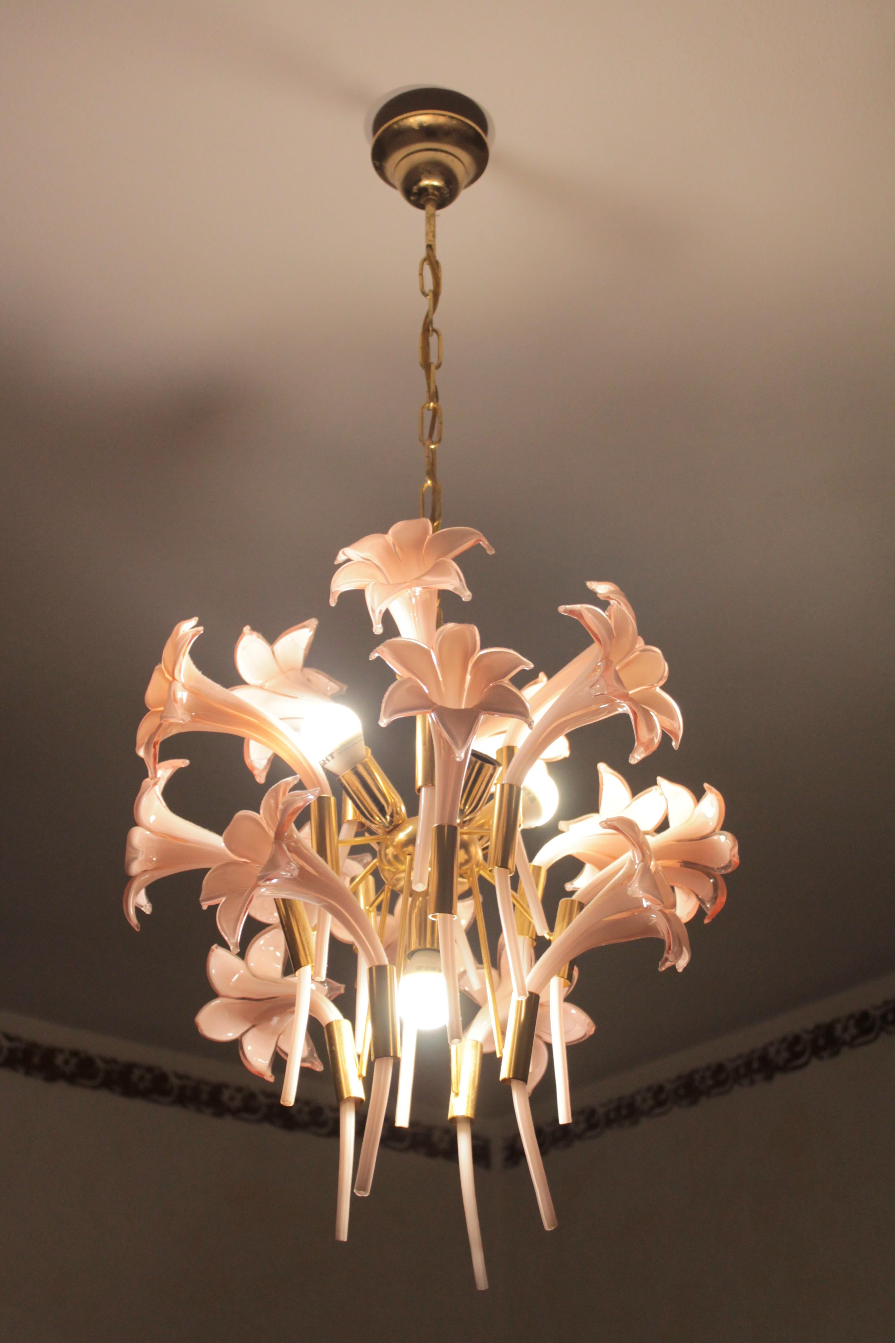 Pretty gold pink round chandelier Murano Franco Luce design 1970s Italian design flowers.
A flower has a breaking line visible in the photo, not visible on the mounted chandelier.
