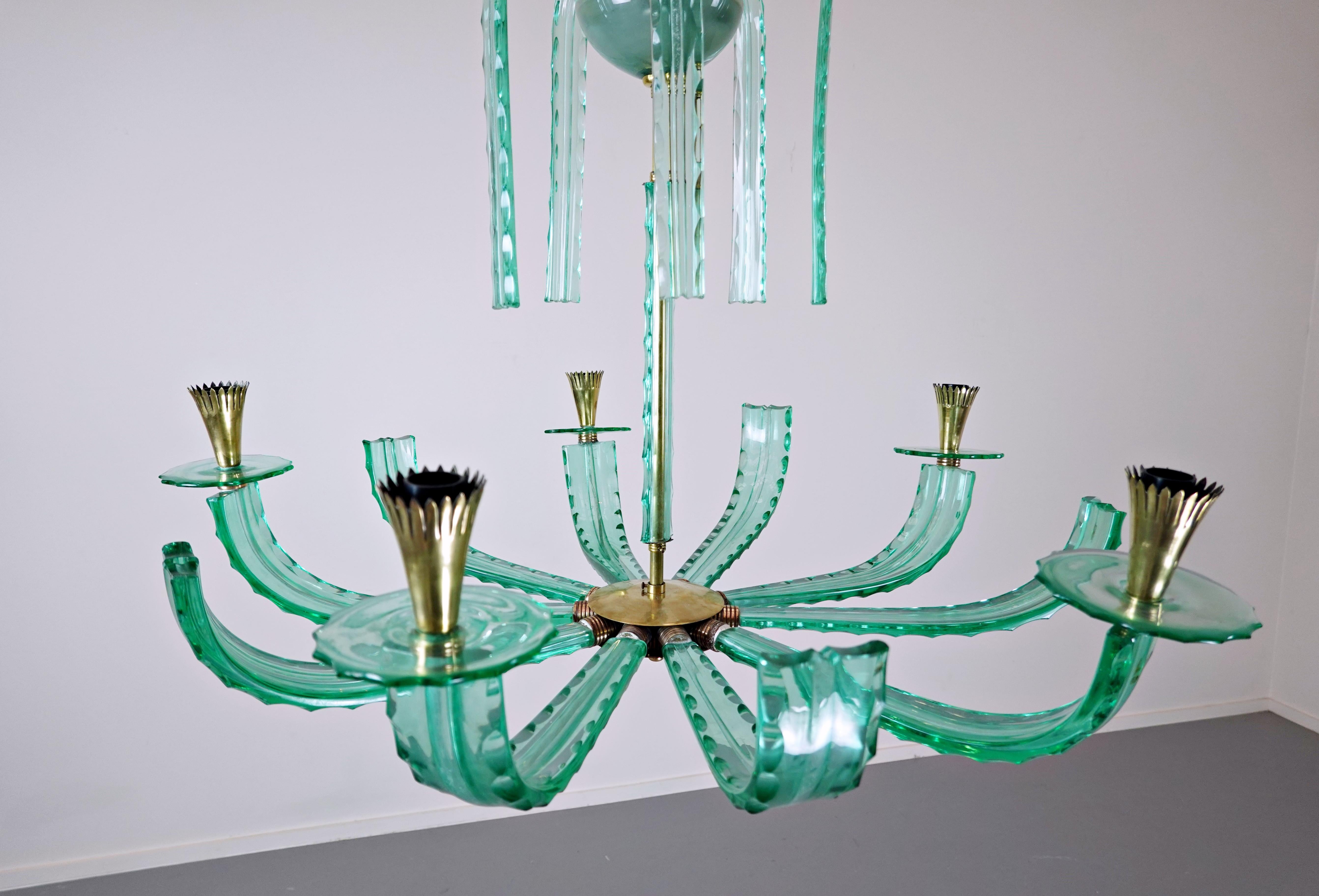 Italian Chandelier, Glass and Brass, 1940s 8