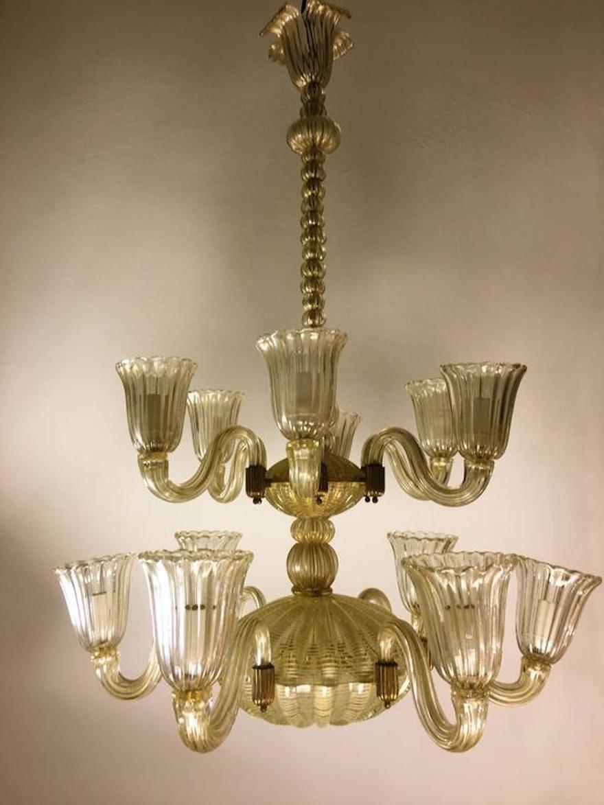 Italian Chandelier Gold Inclusion by Barovier & Toso, Murano, 1940s In Excellent Condition For Sale In Budapest, HU