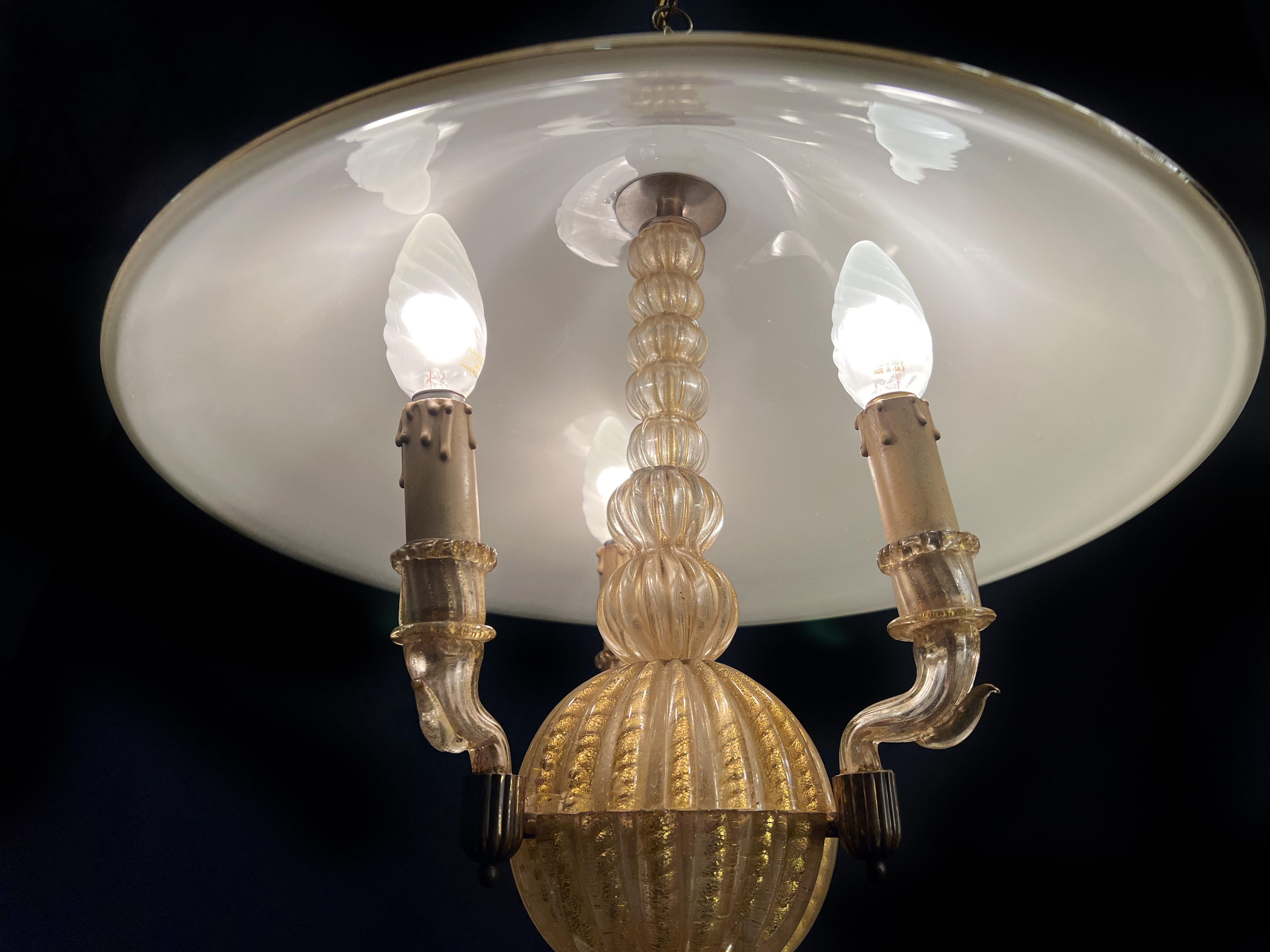 Italiano Lampadario italiano Inclusione oro di Barovier & Toso, Murano, anni '40 in vendita