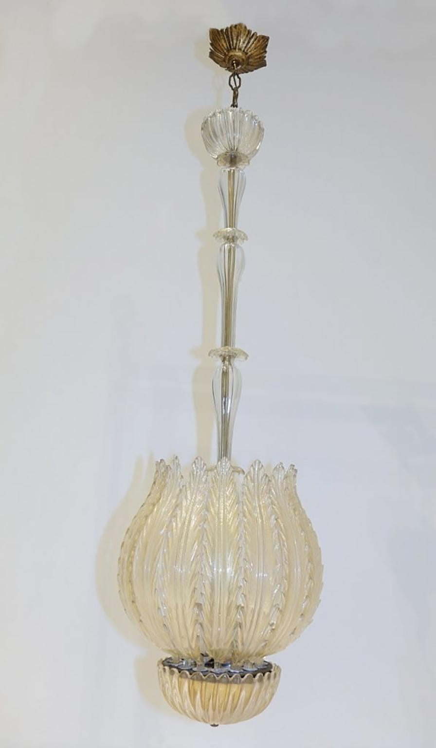 Italian Chandelier Gold Inclusion by Barovier & Toso, Murano, 1940s 2