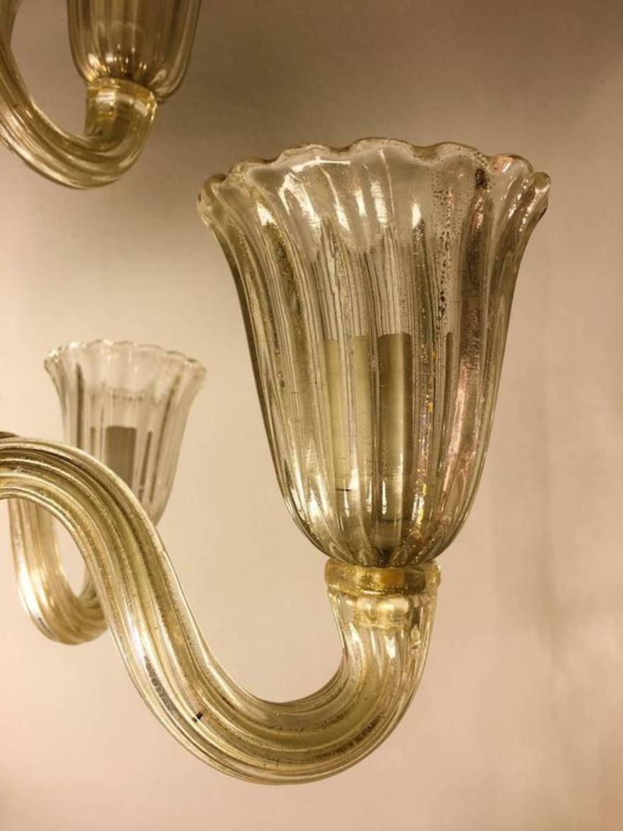 Italian Chandelier Gold Inclusion by Barovier & Toso, Murano, 1940s For Sale 2