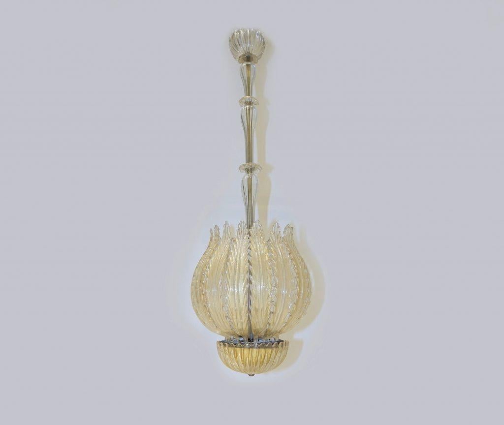 Italian Chandelier Gold Inclusion by Barovier & Toso, Murano, 1940s 4