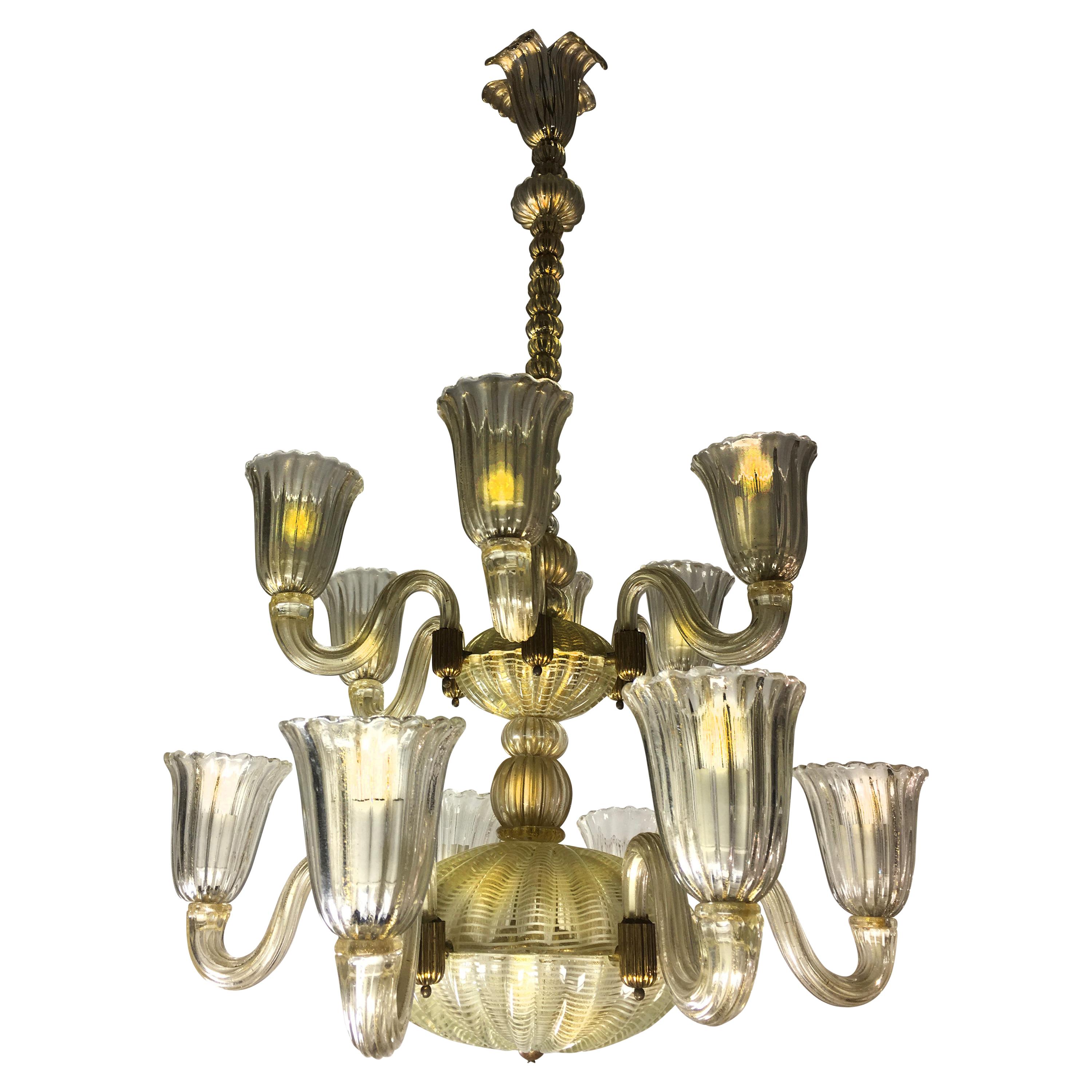 Italian Chandelier Gold Inclusion by Barovier & Toso, Murano, 1940s For Sale