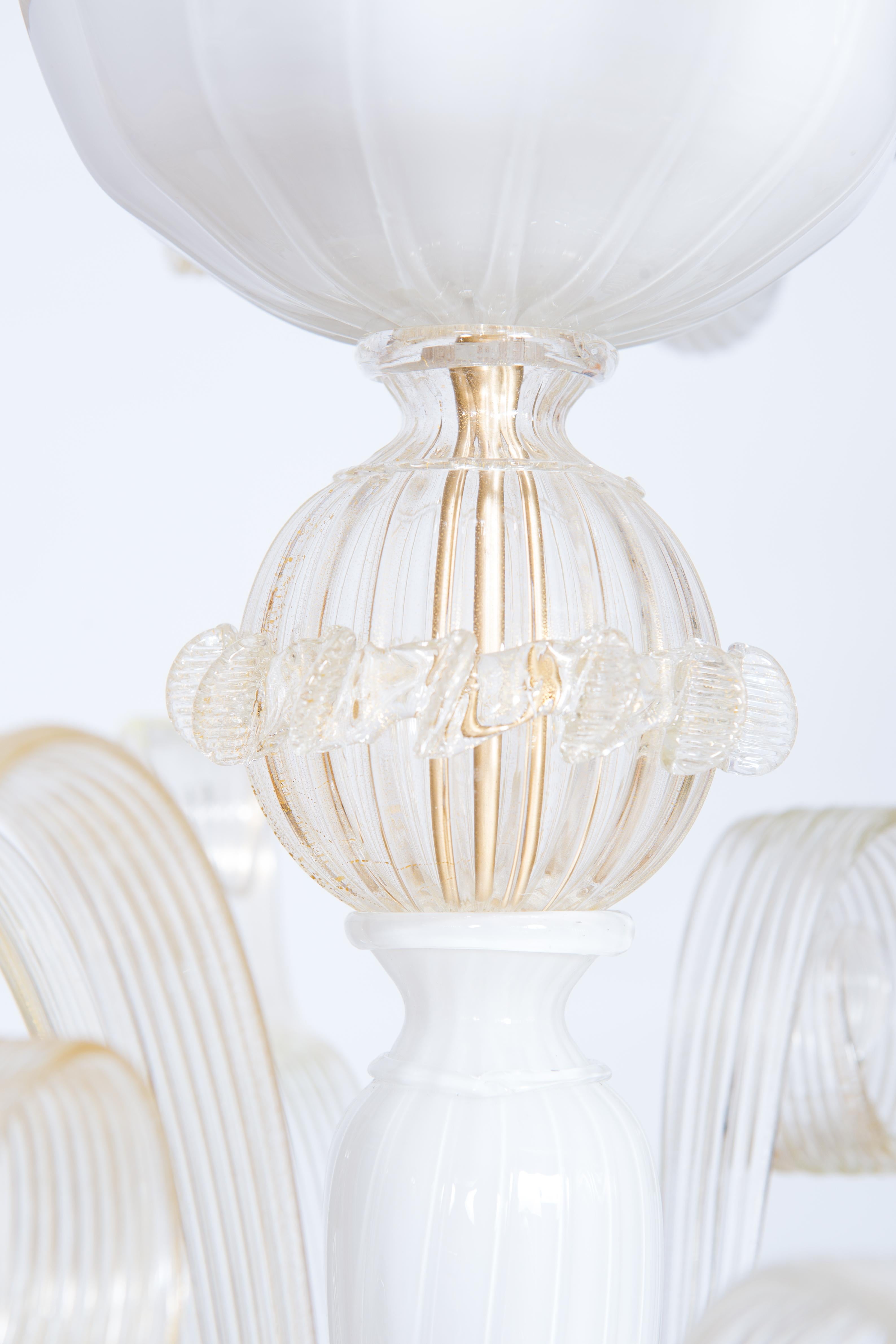 Art Glass White-Milk Murano Glass Chandelier with Gold Accents Giovanni Dalla Fina Italy For Sale