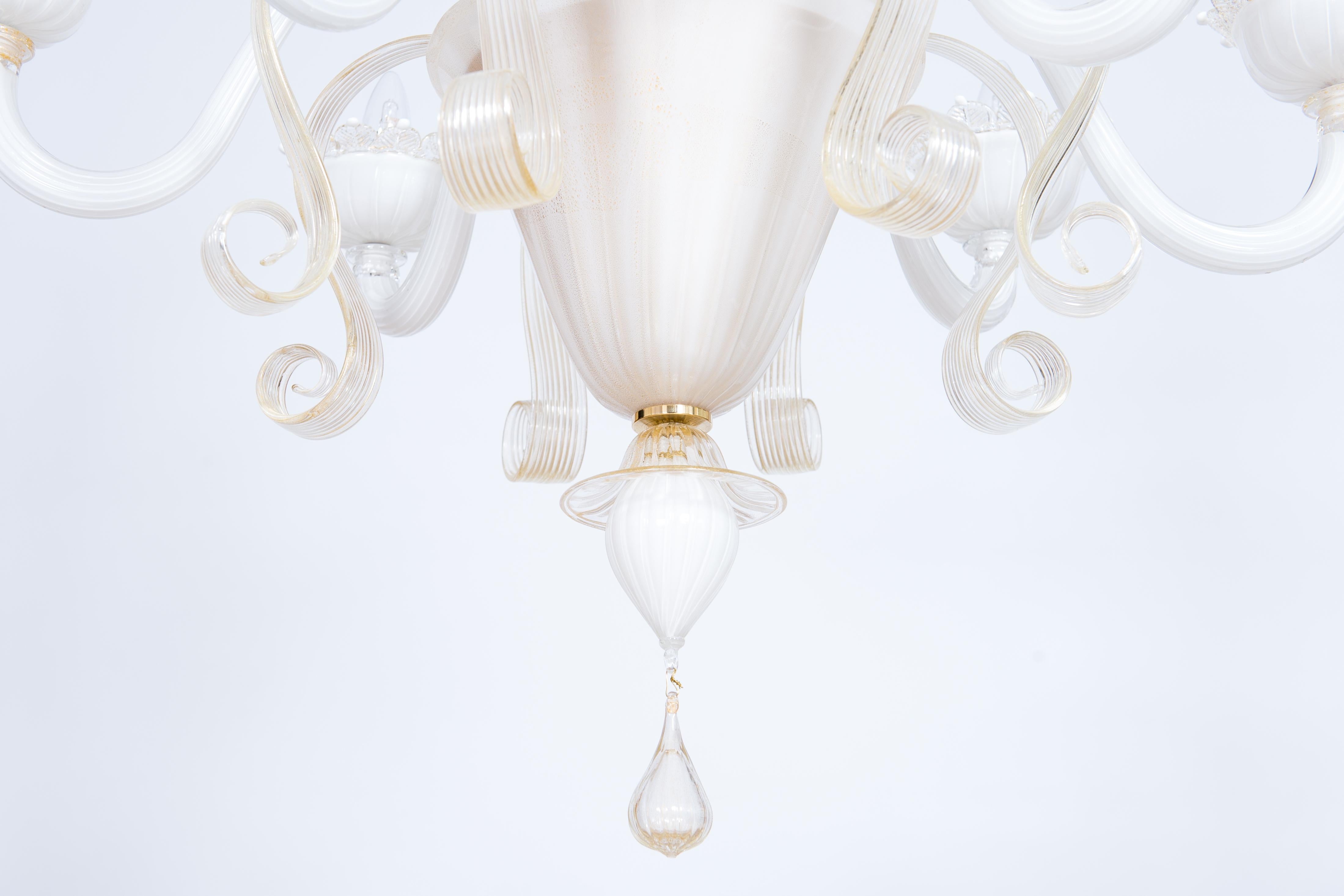 Other White-Milk Murano Glass Chandelier with Gold Accents Giovanni Dalla Fina Italy For Sale