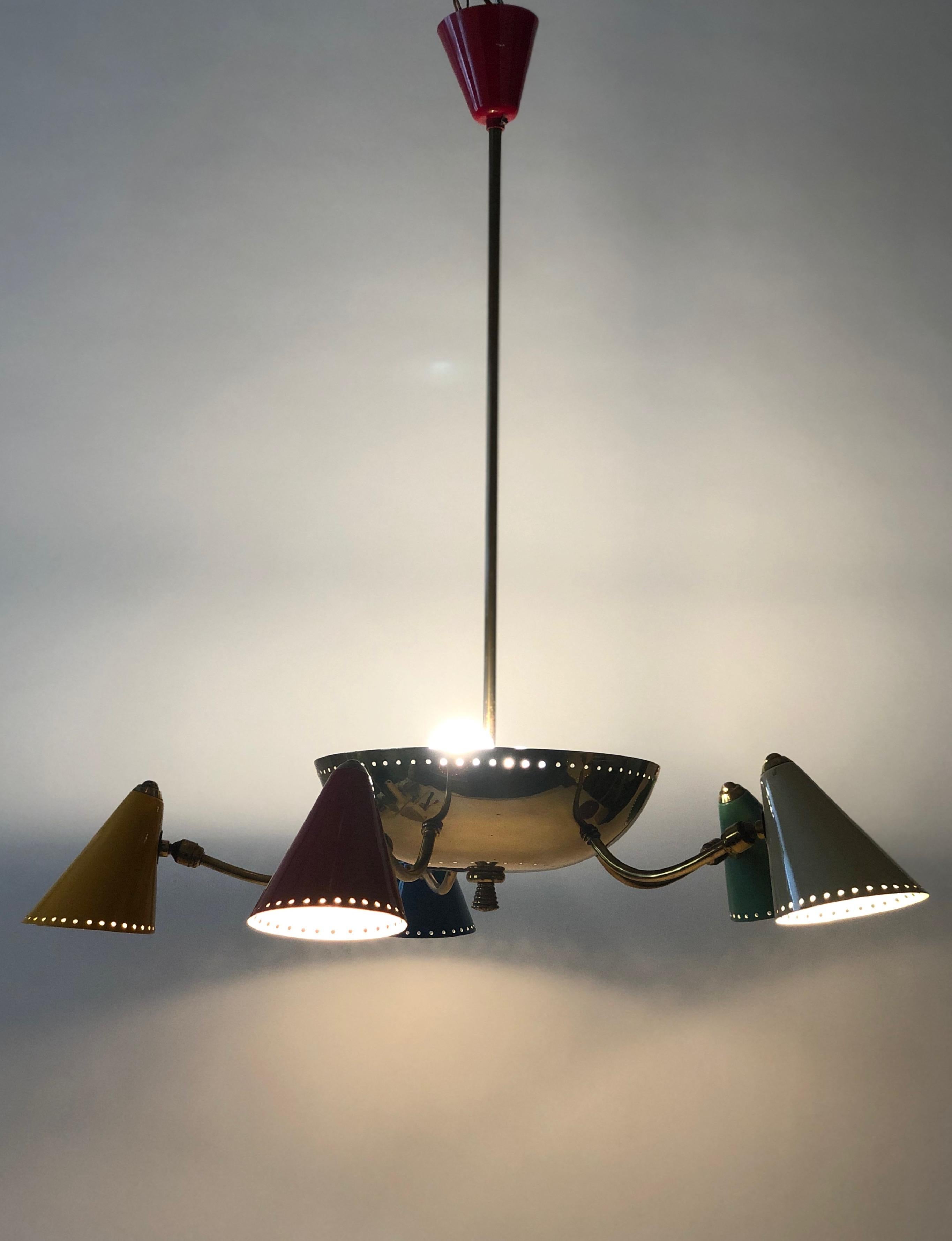 Italian Chandelier in Brass and Enamel Colour Cones, 1950 s, Italy For Sale 4