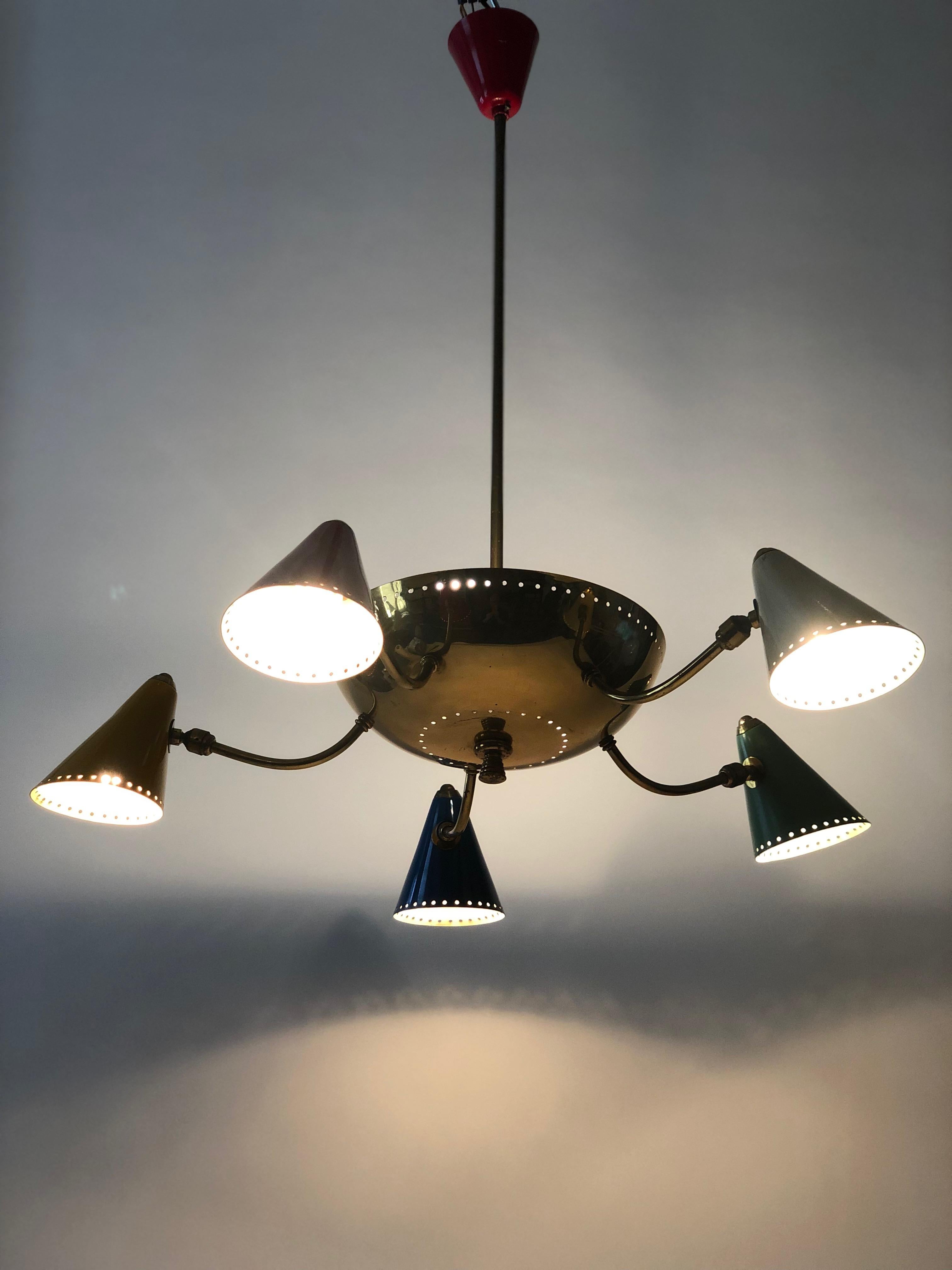 Italian Chandelier in Brass and Enamel Colour Cones, 1950 s, Italy For Sale 5
