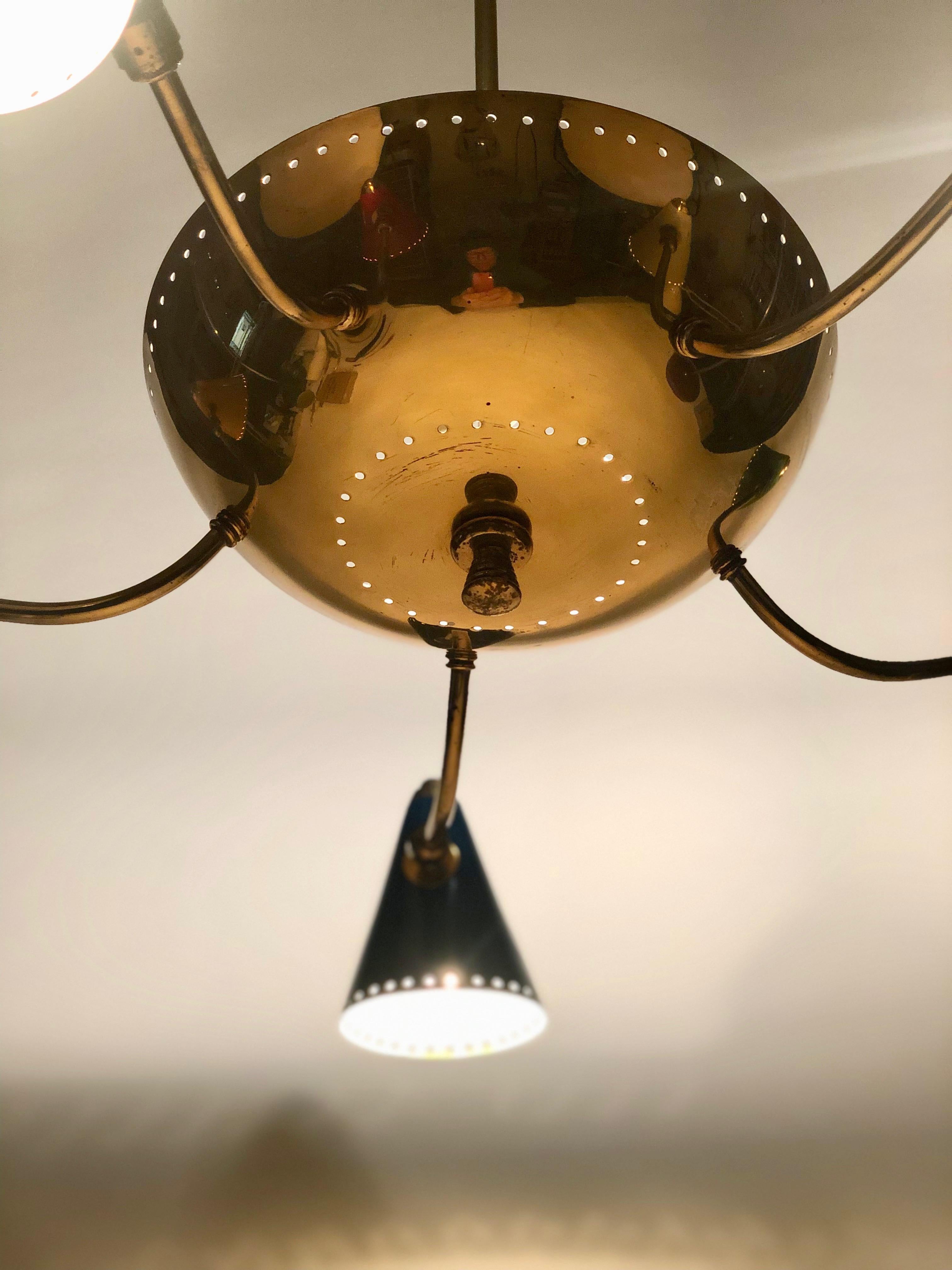 Italian Chandelier in Brass and Enamel Colour Cones, 1950 s, Italy For Sale 6