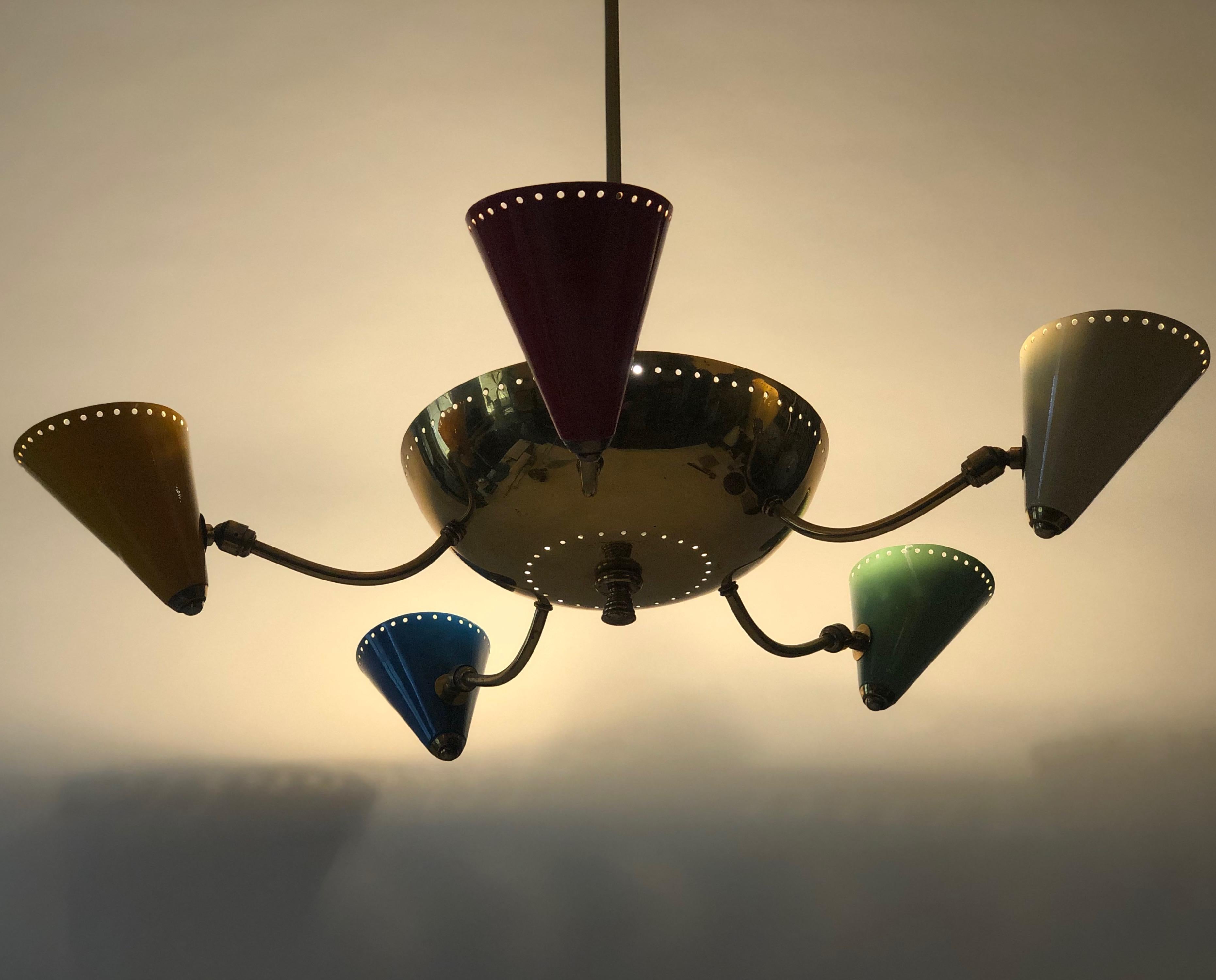 Italian Chandelier in Brass and Enamel Colour Cones, 1950 s, Italy For Sale 8