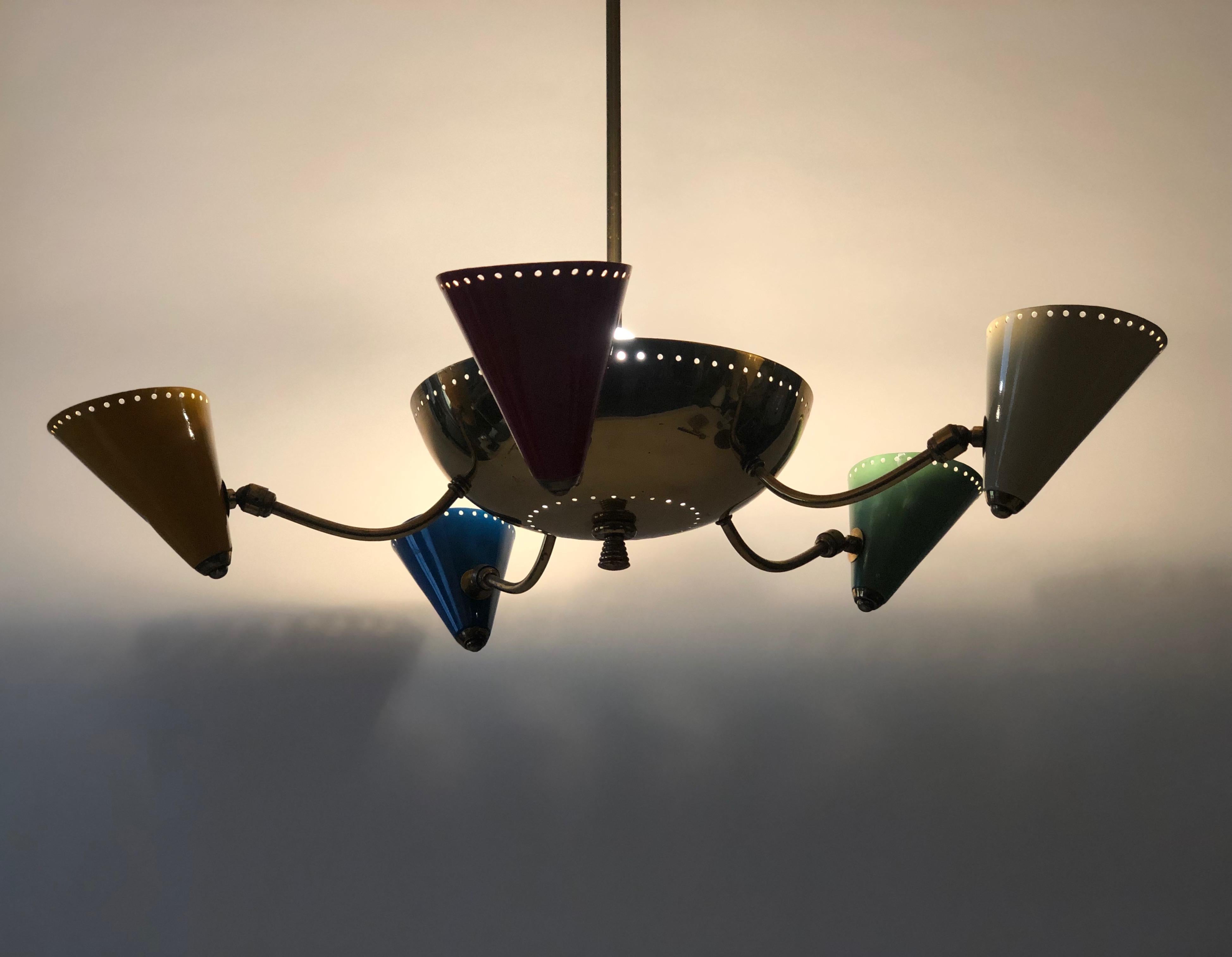 Italian Chandelier in Brass and Enamel Colour Cones, 1950 s, Italy For Sale 9
