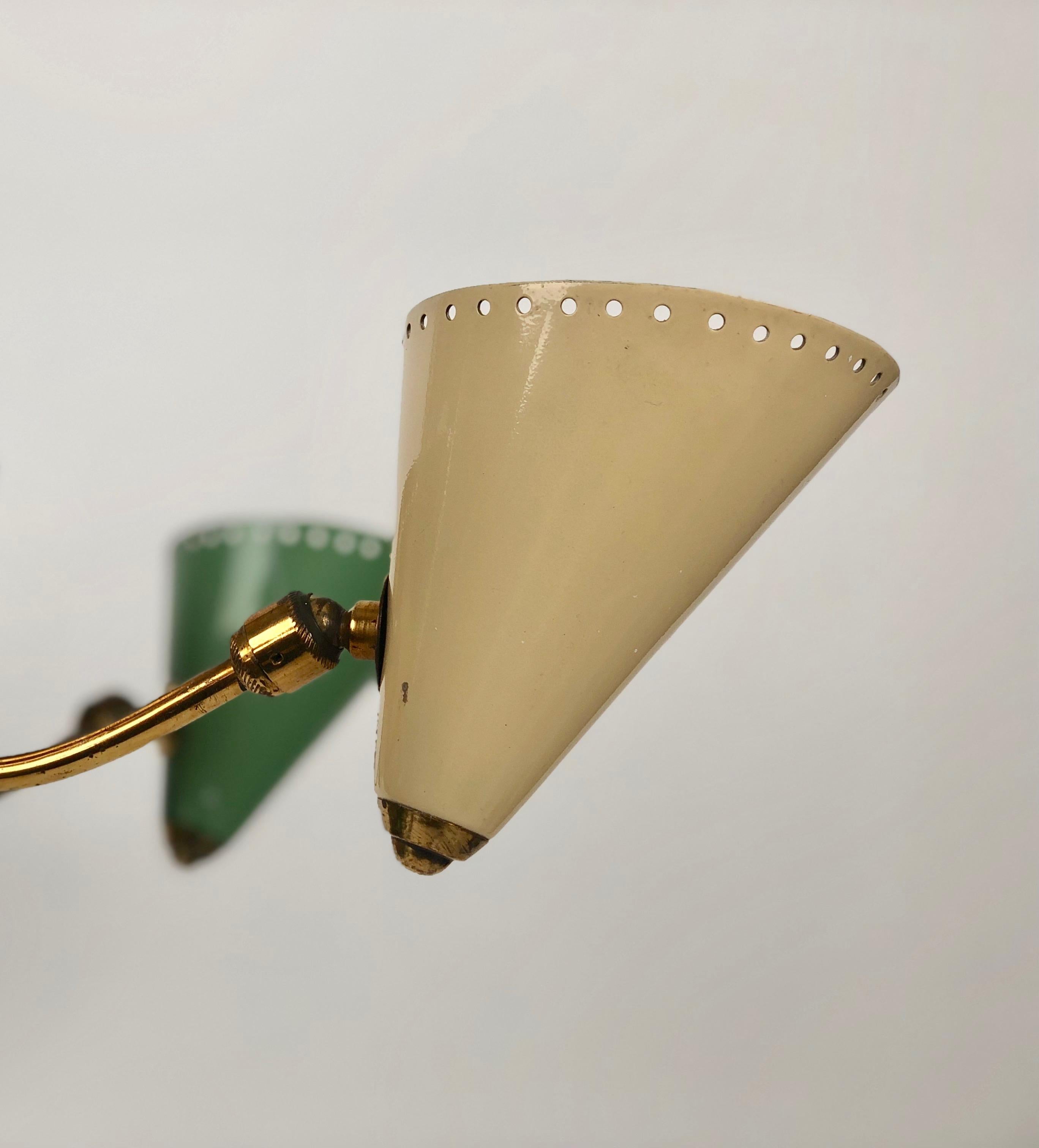 Enameled Italian Chandelier in Brass and Enamel Colour Cones, 1950 s, Italy For Sale