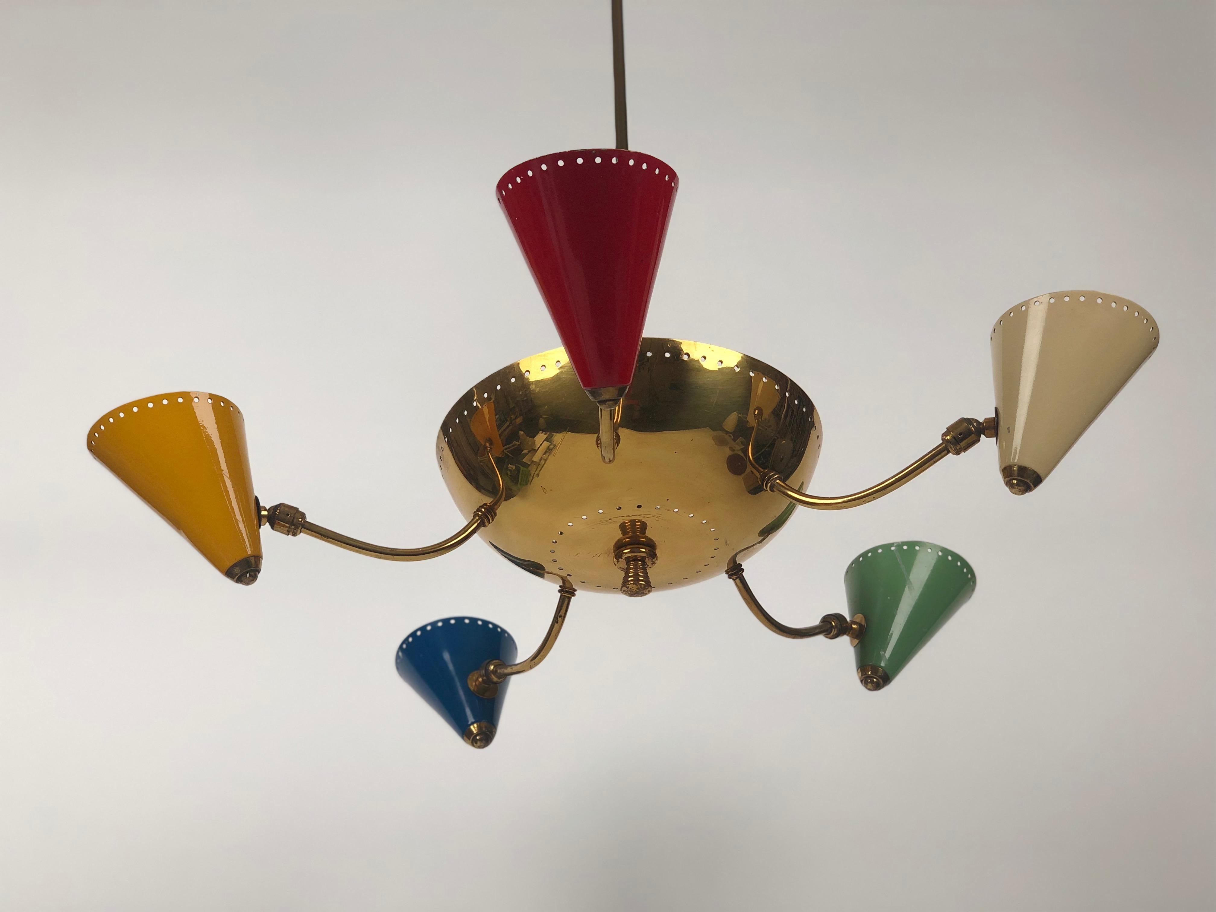 20th Century Italian Chandelier in Brass and Enamel Colour Cones, 1950 s, Italy For Sale
