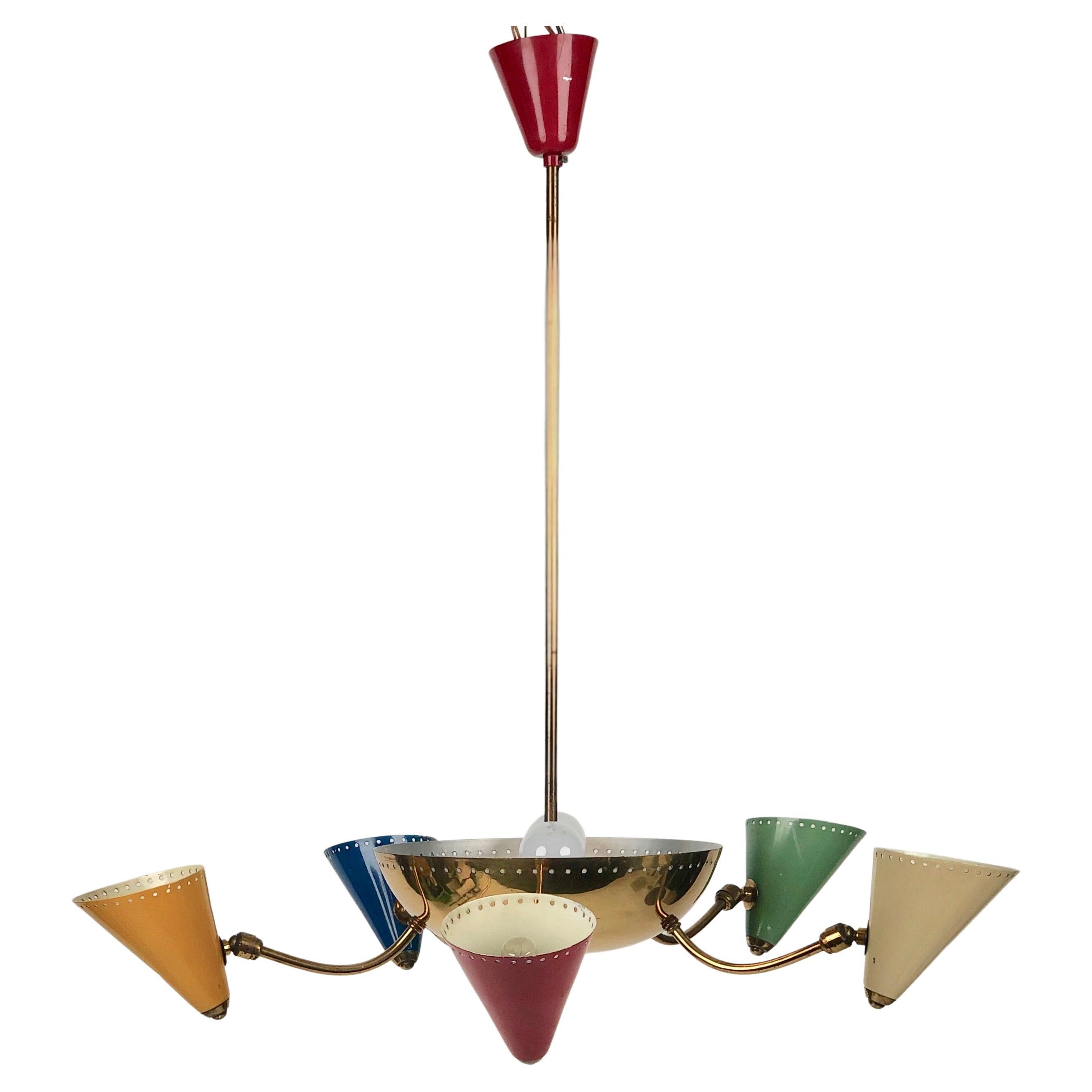 Italian Chandelier in Brass and Enamel Colour Cones, 1950 s, Italy For Sale