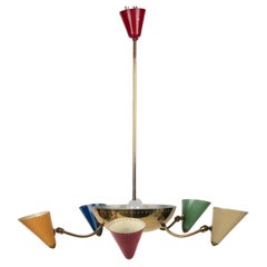 Vintage Italian Chandelier in Brass and Enamel Colour Cones, 1950 s, Italy
