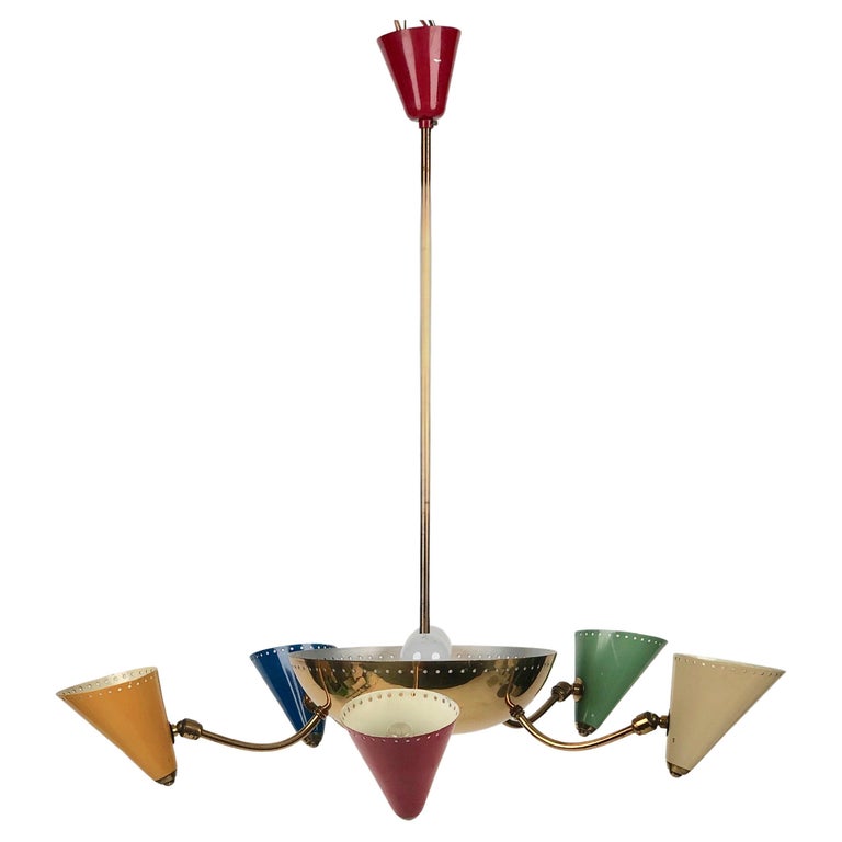 Italian Chandelier in Brass and Enamel Colour Cones, 1950 s, Italy For