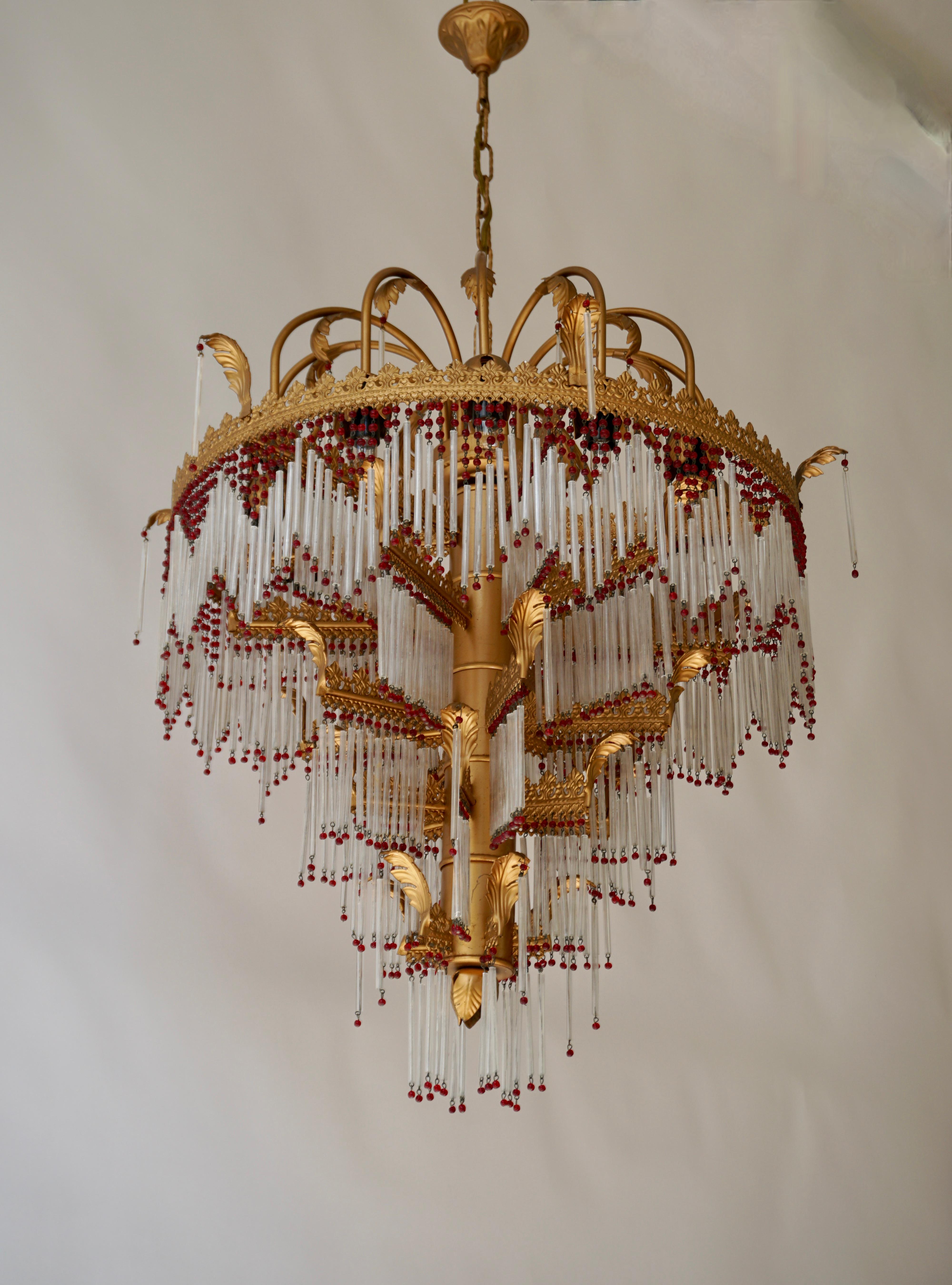 Mid-Century Modern Italian Chandelier in Brass and Glass For Sale