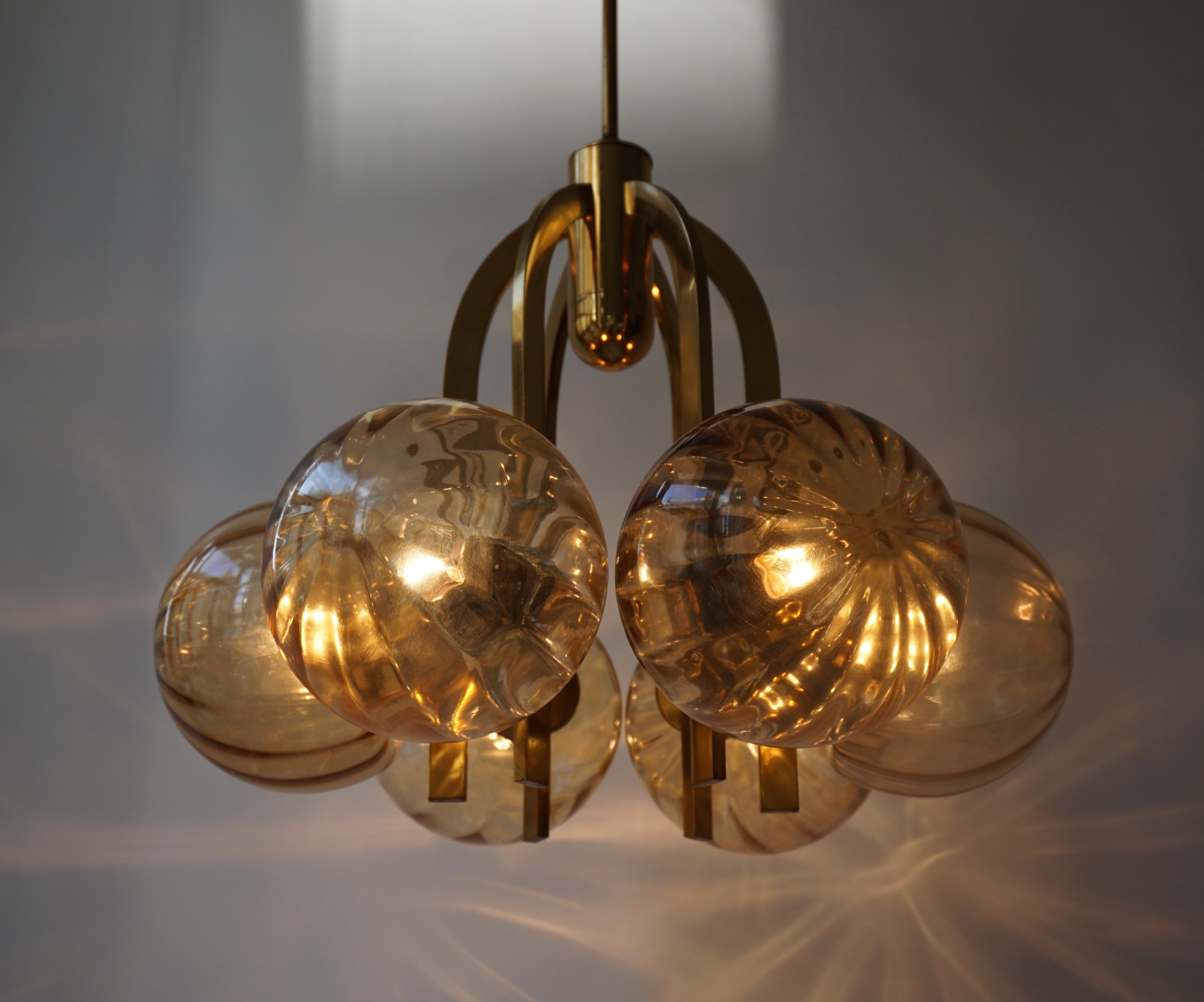 Mid-Century Modern Italian Chandelier in Brass and Murano Glass