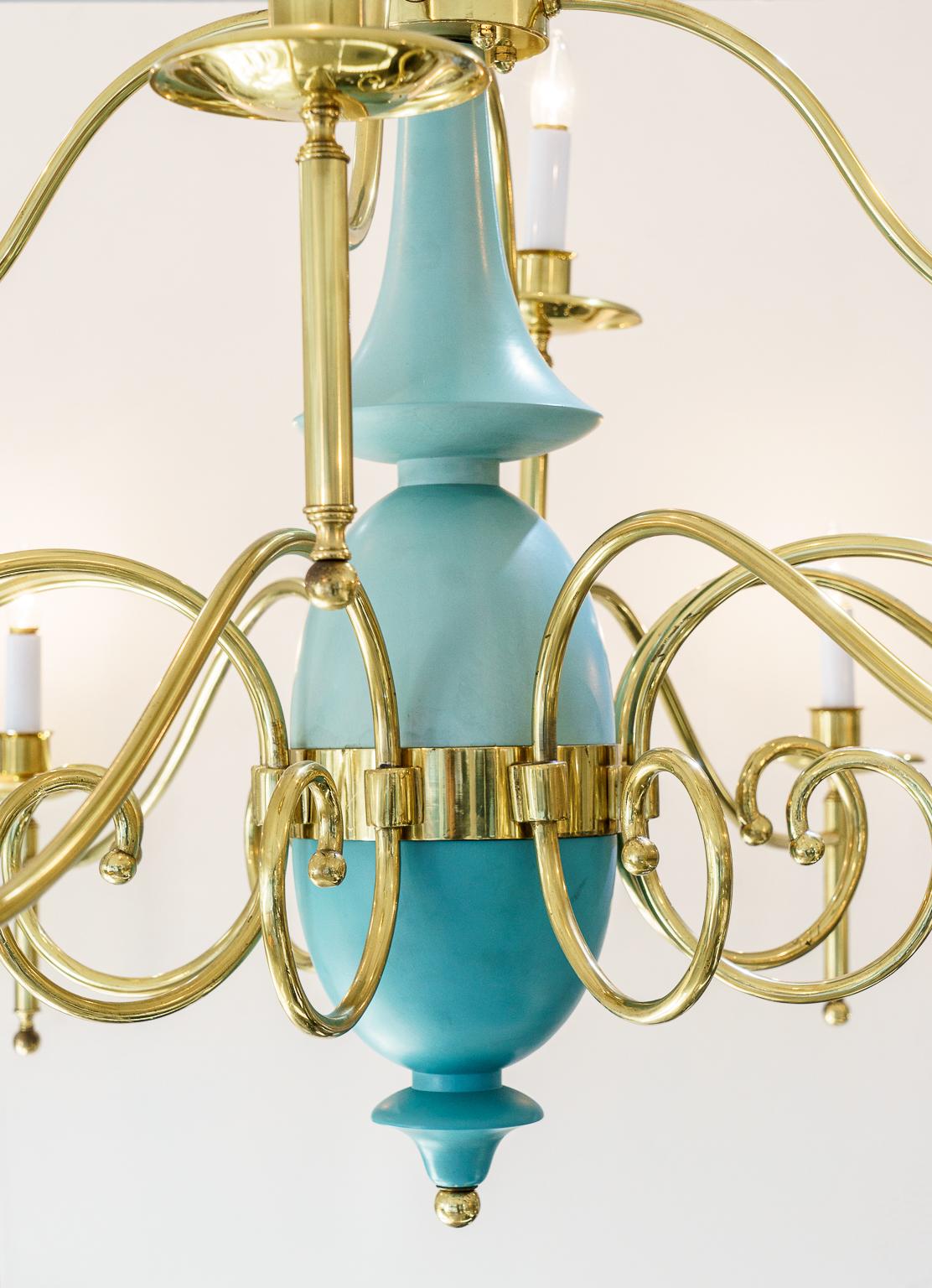 Modern Italian Chandelier in Brass and Robins Egg Blue For Sale