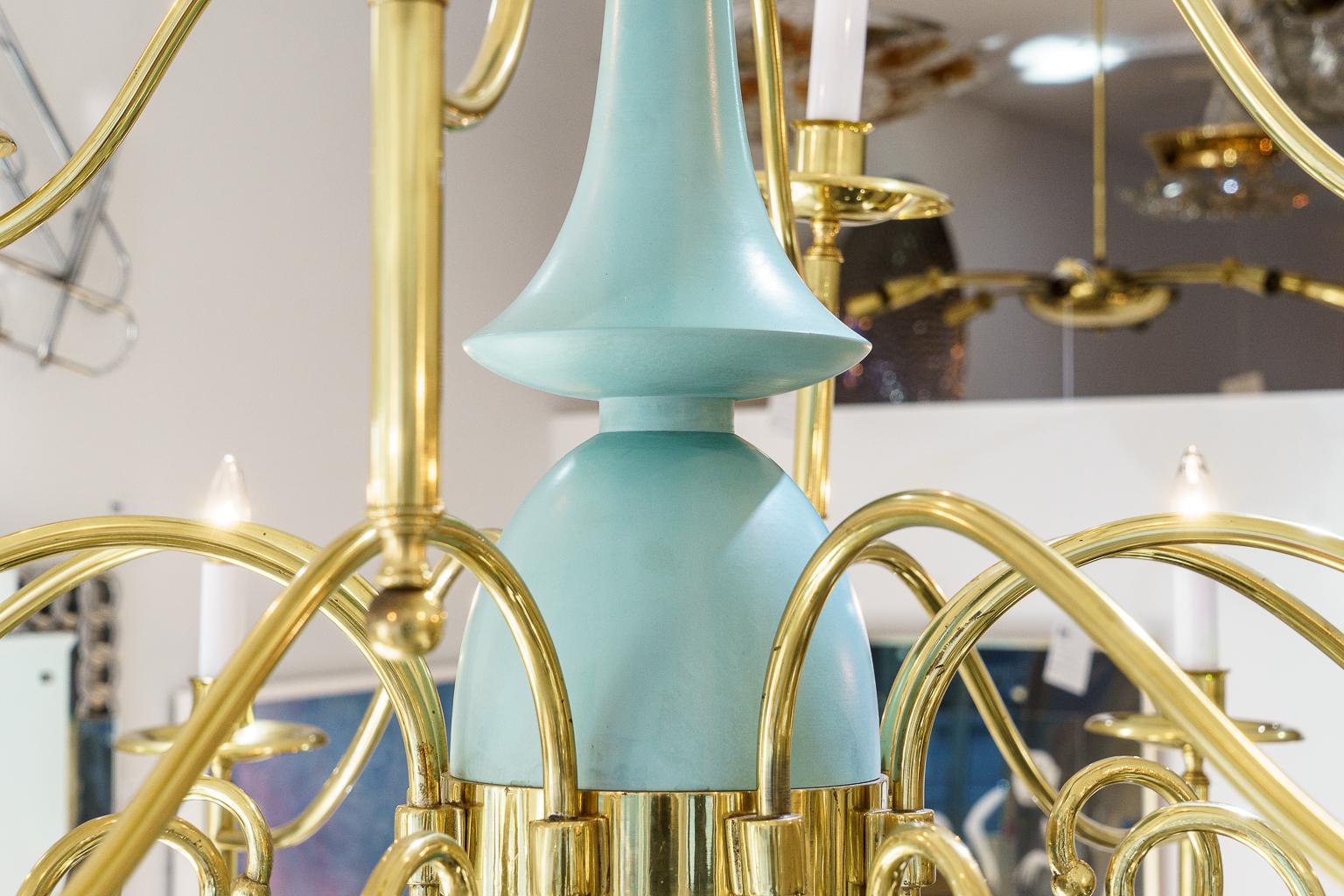 Hand-Crafted Italian Chandelier in Brass and Robins Egg Blue For Sale