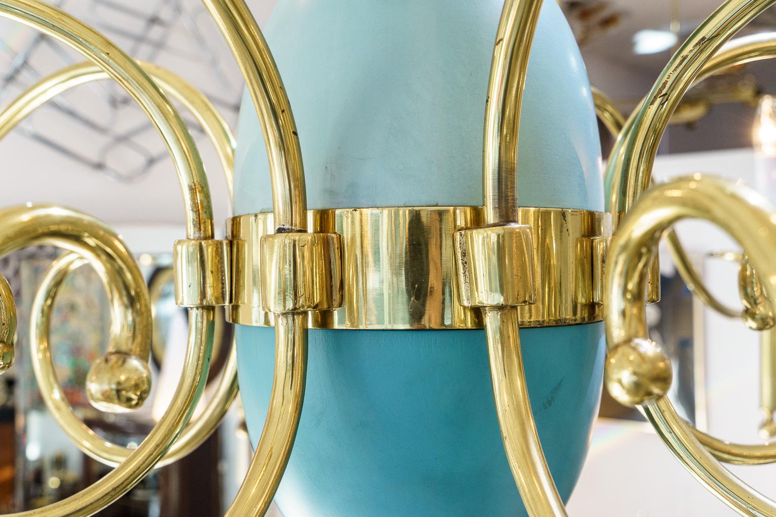 Italian Chandelier in Brass and Robins Egg Blue In Good Condition For Sale In West Palm Beach, FL