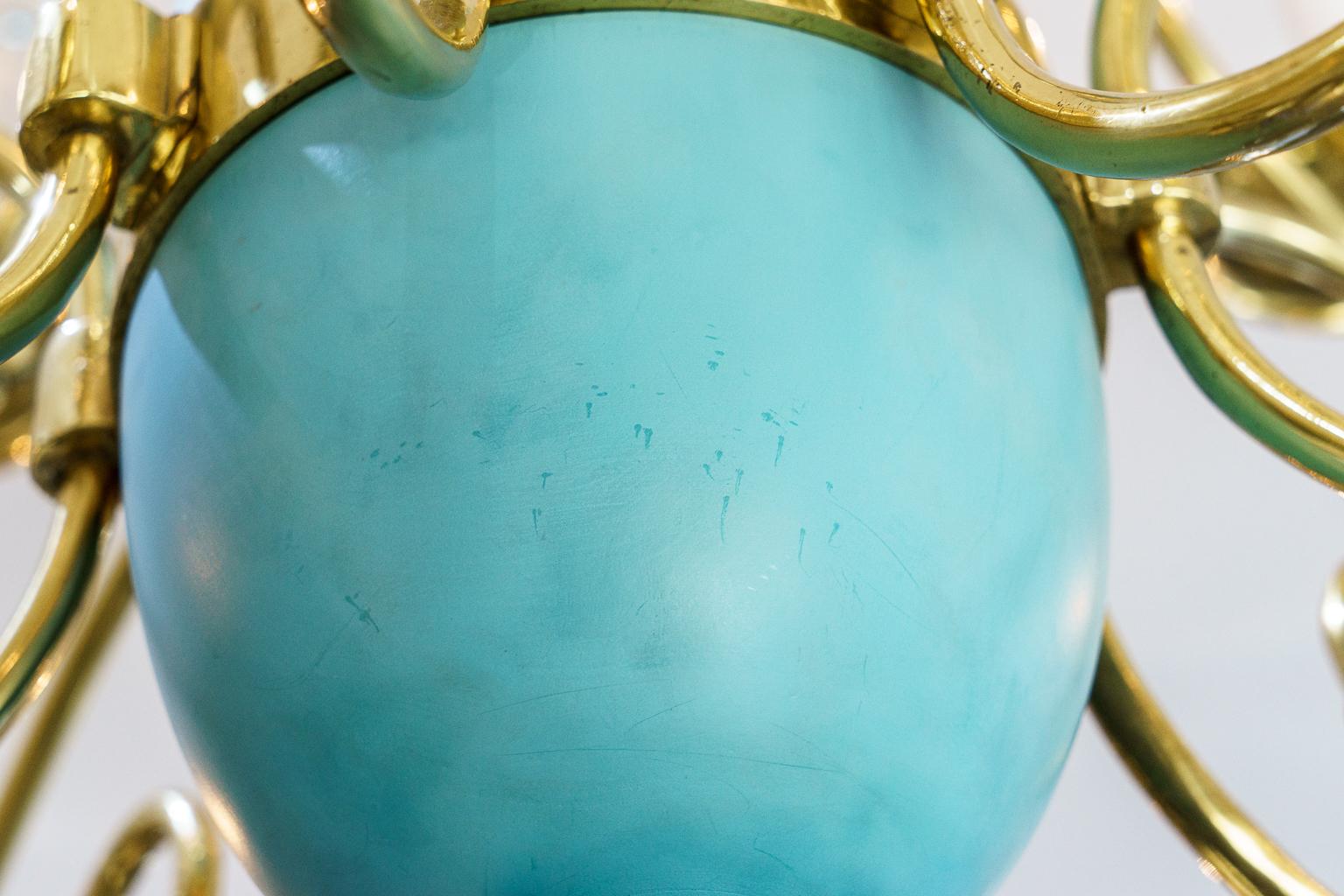 20th Century Italian Chandelier in Brass and Robins Egg Blue For Sale
