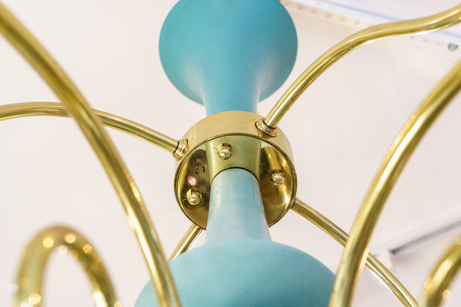Italian Chandelier in Brass and Robins Egg Blue For Sale 1
