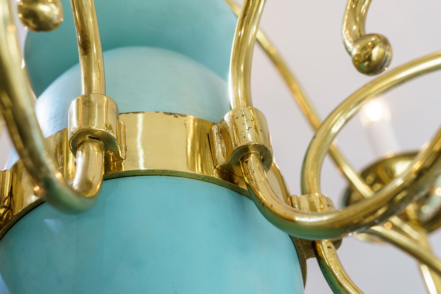Italian Chandelier in Brass and Robins Egg Blue For Sale 2