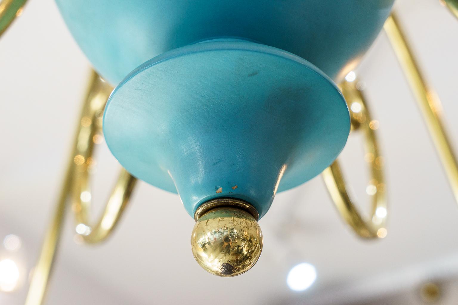 Italian Chandelier in Brass and Robins Egg Blue For Sale 3