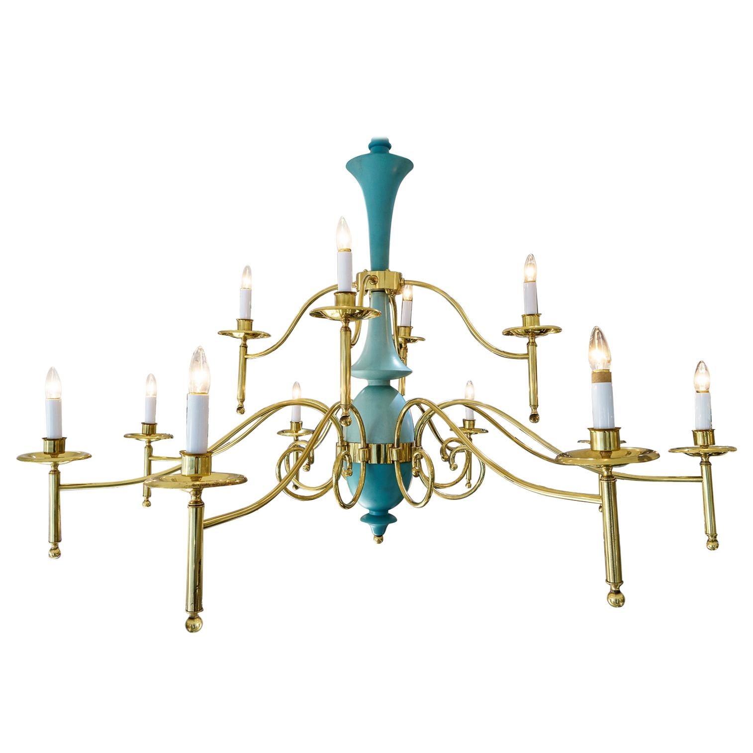 Italian Chandelier in Brass and Robins Egg Blue For Sale
