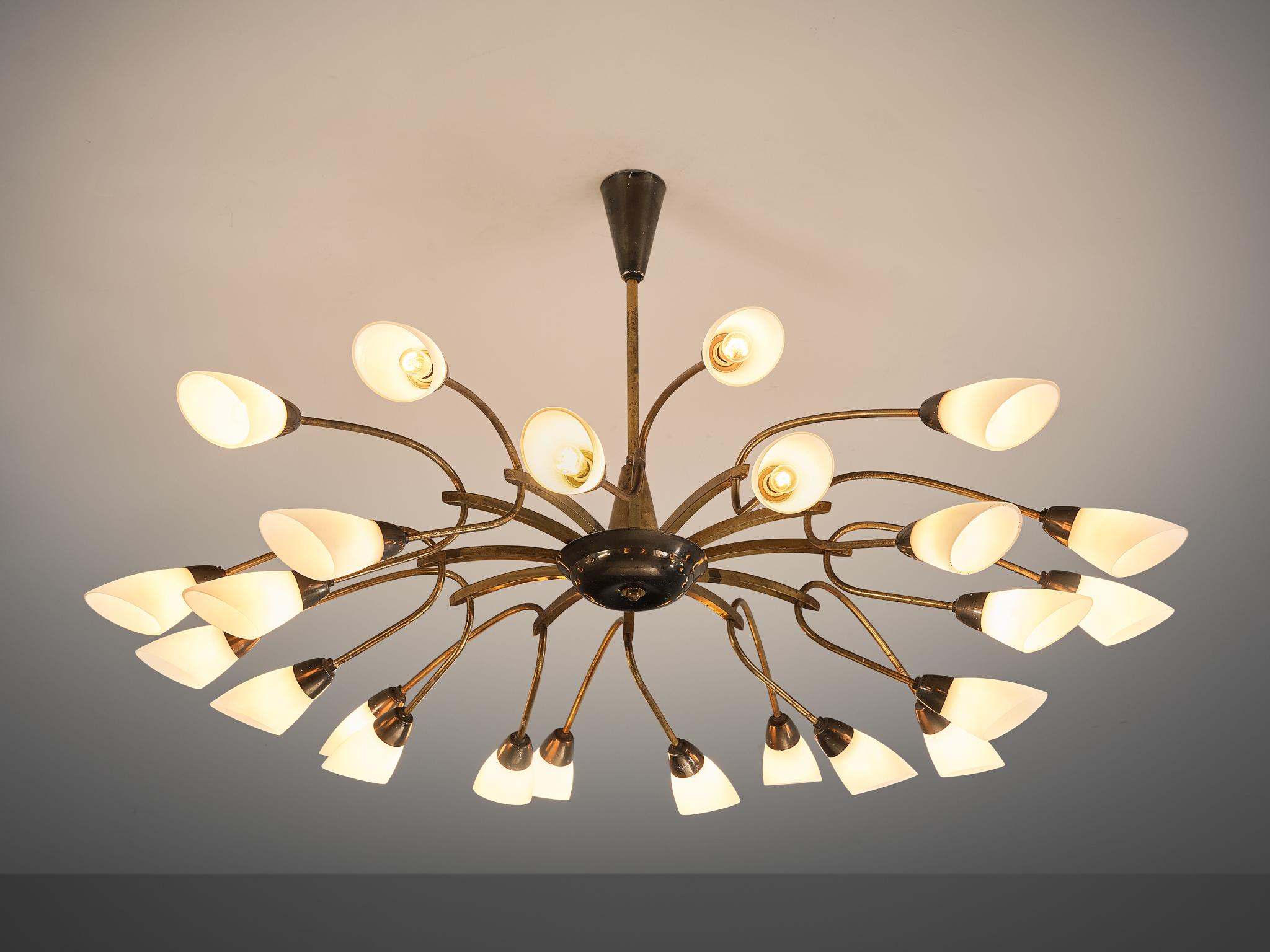 Chandelier, brass, glass, Italy, 1950s

Crafted in Italy, this chandelier exudes an unmatched elegance and sophistication. It features a meticulously designed structure with twelve bars, through which the stems gracefully curve, ending in elegantly