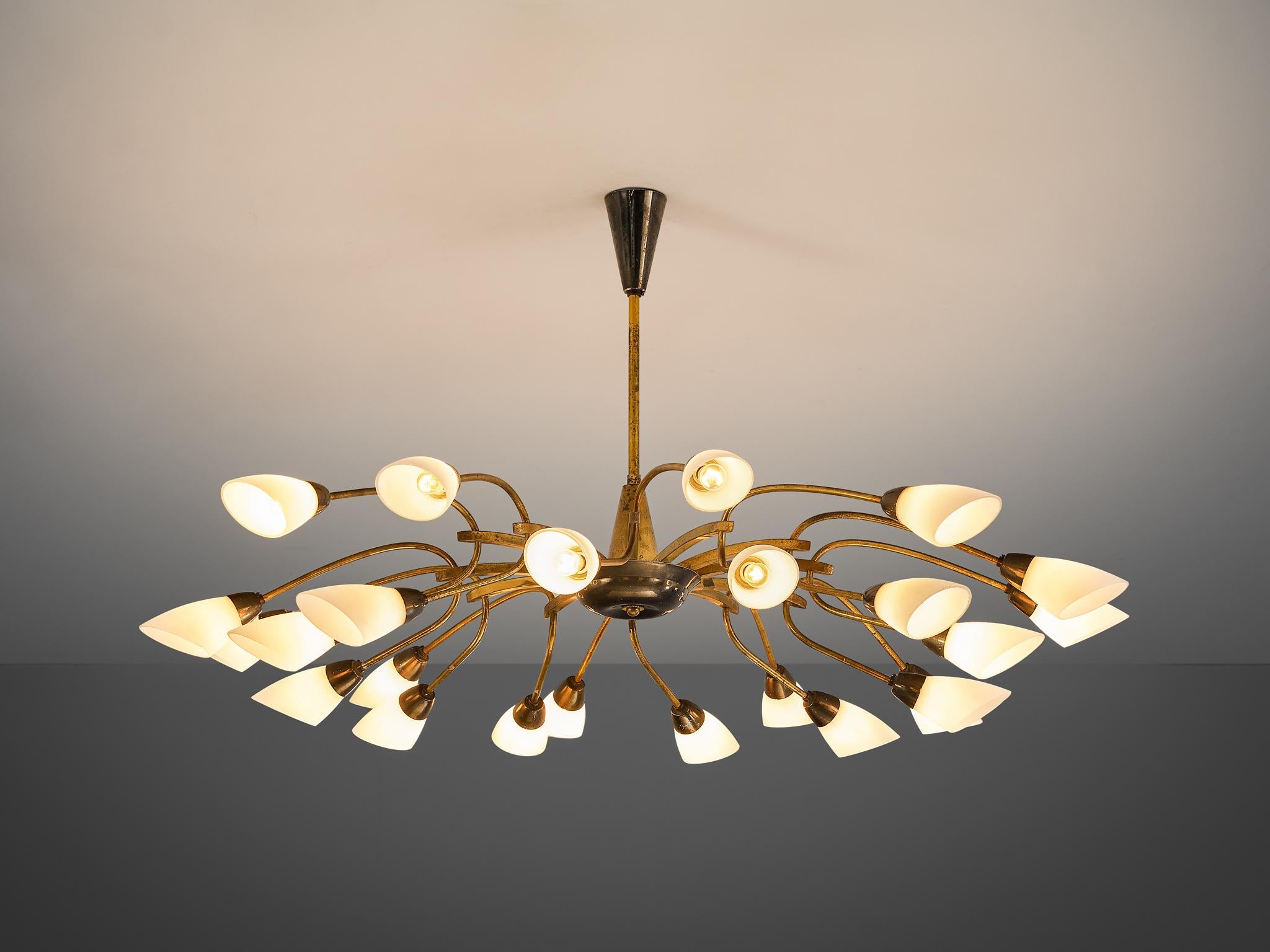 Mid-20th Century Italian Chandelier in Brass and White Opaque Glass 110cm/43.31in 
