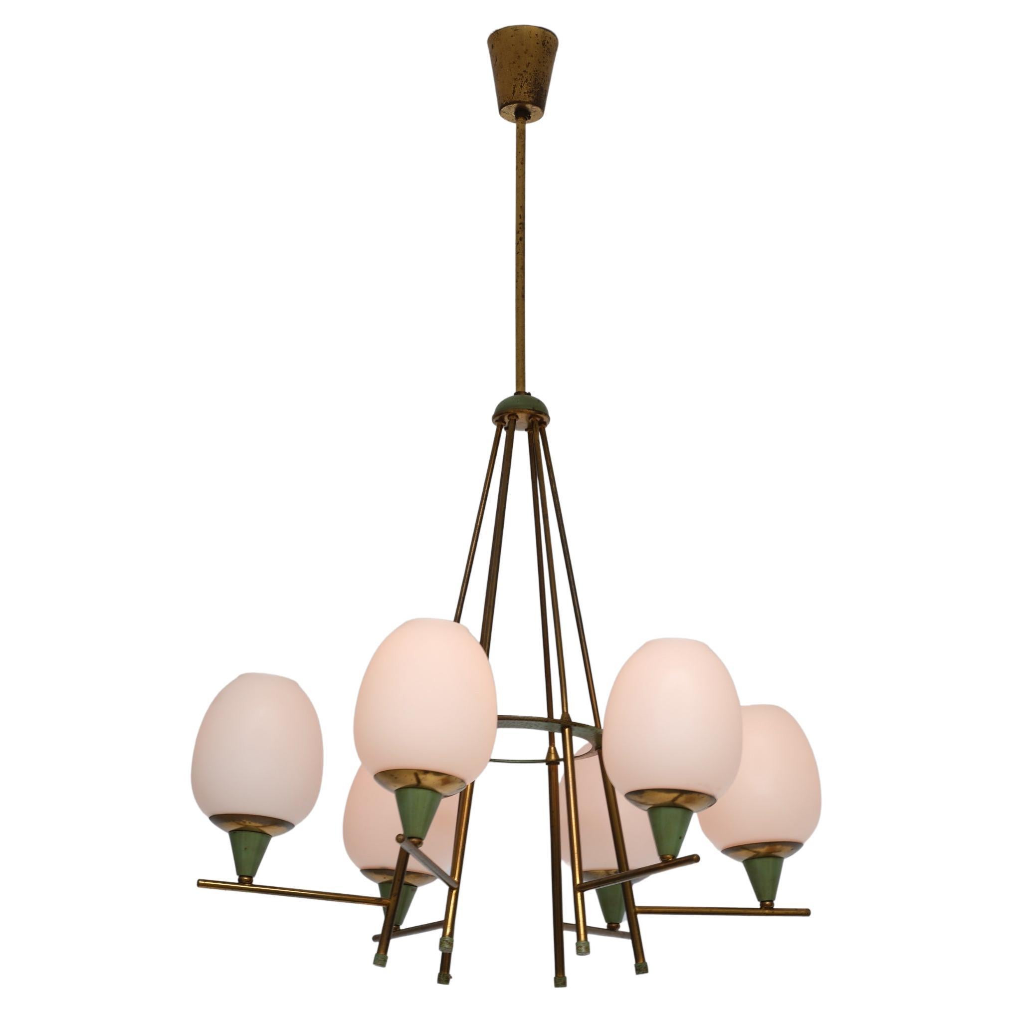 Italian Chandelier in Brass, Green-Lacquered Metal and Opaline Glass , 1950s