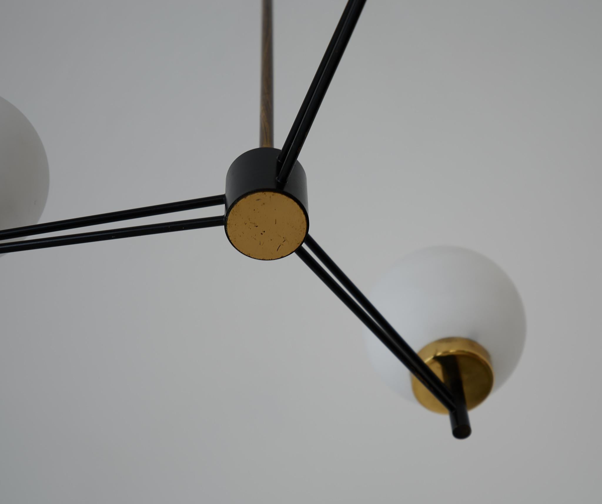 Mid-Century Modern Italian Chandelier in Brass, Iron and Opaline Glass, 1950s