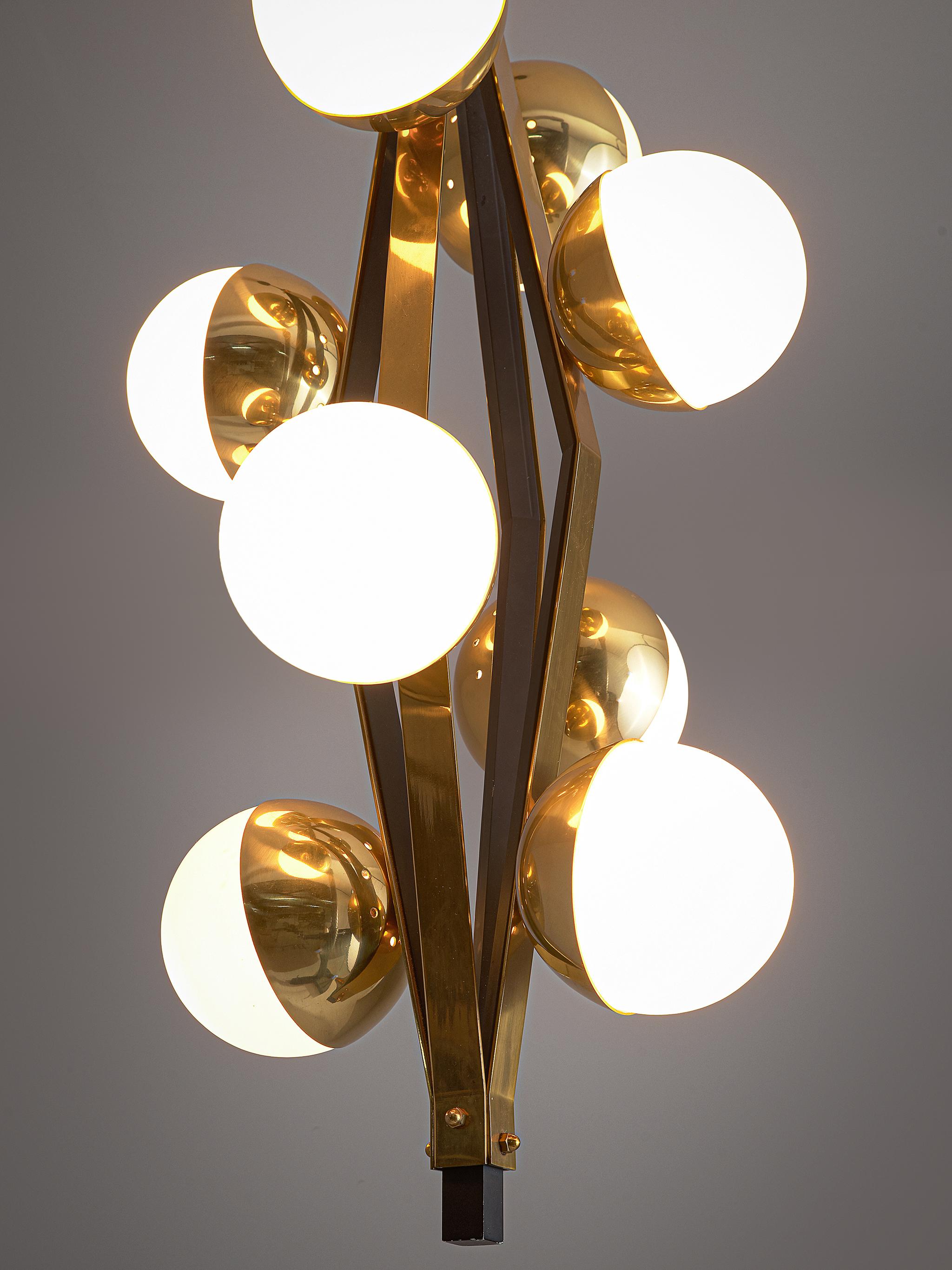 Mid-20th Century Italian Chandelier in Brass with Eight Opaline Spheres