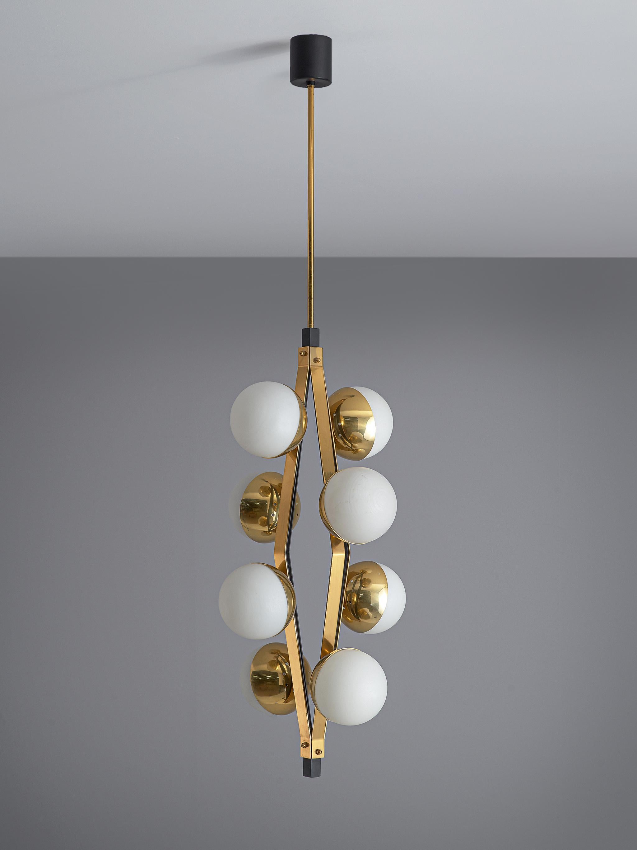 Italian Chandelier in Brass with Eight Opaline Spheres 2
