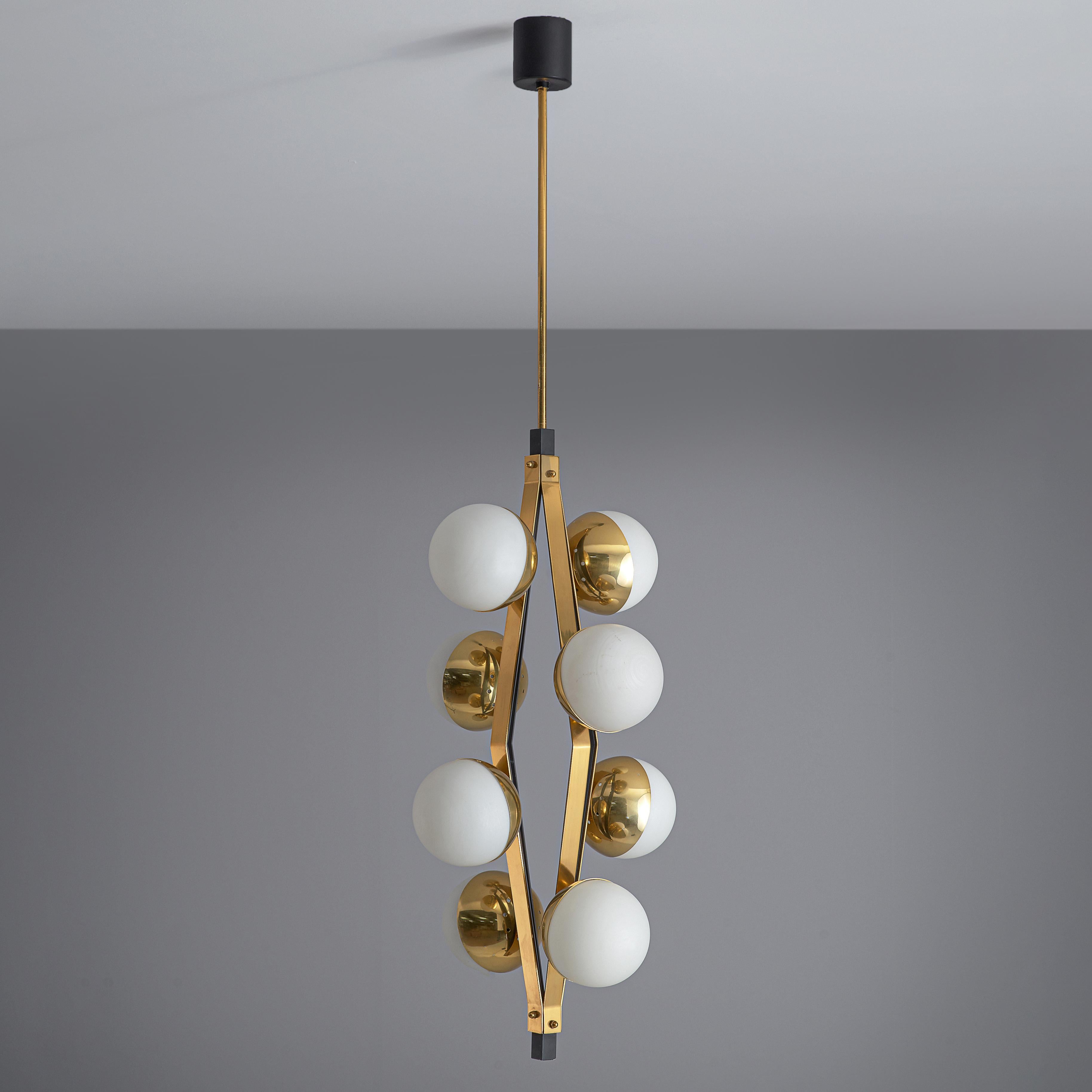 Italian Chandelier in Brass with Eight Opaline Spheres 3