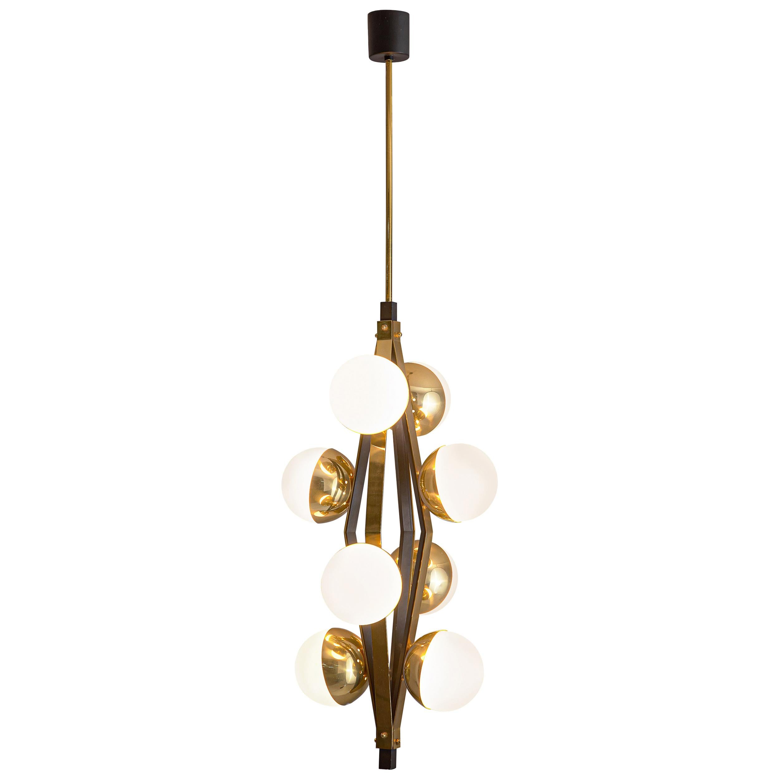 Italian Chandelier in Brass with Eight Opaline Spheres