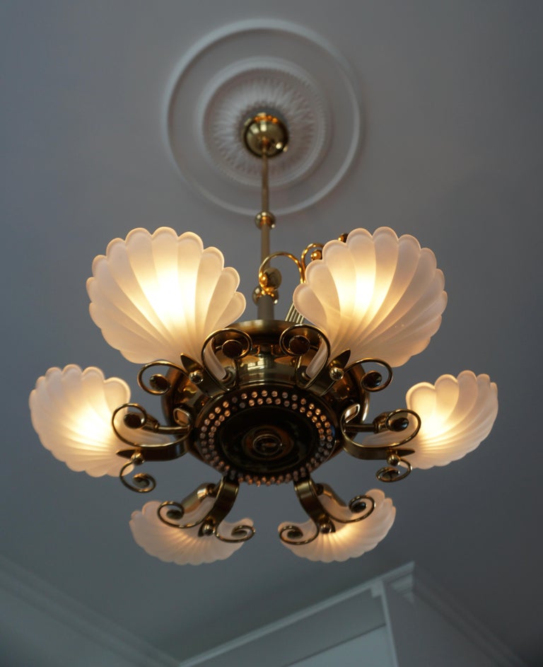 Italian Chandelier in Brass with Murano Glass Shells, 1970s For Sale 5