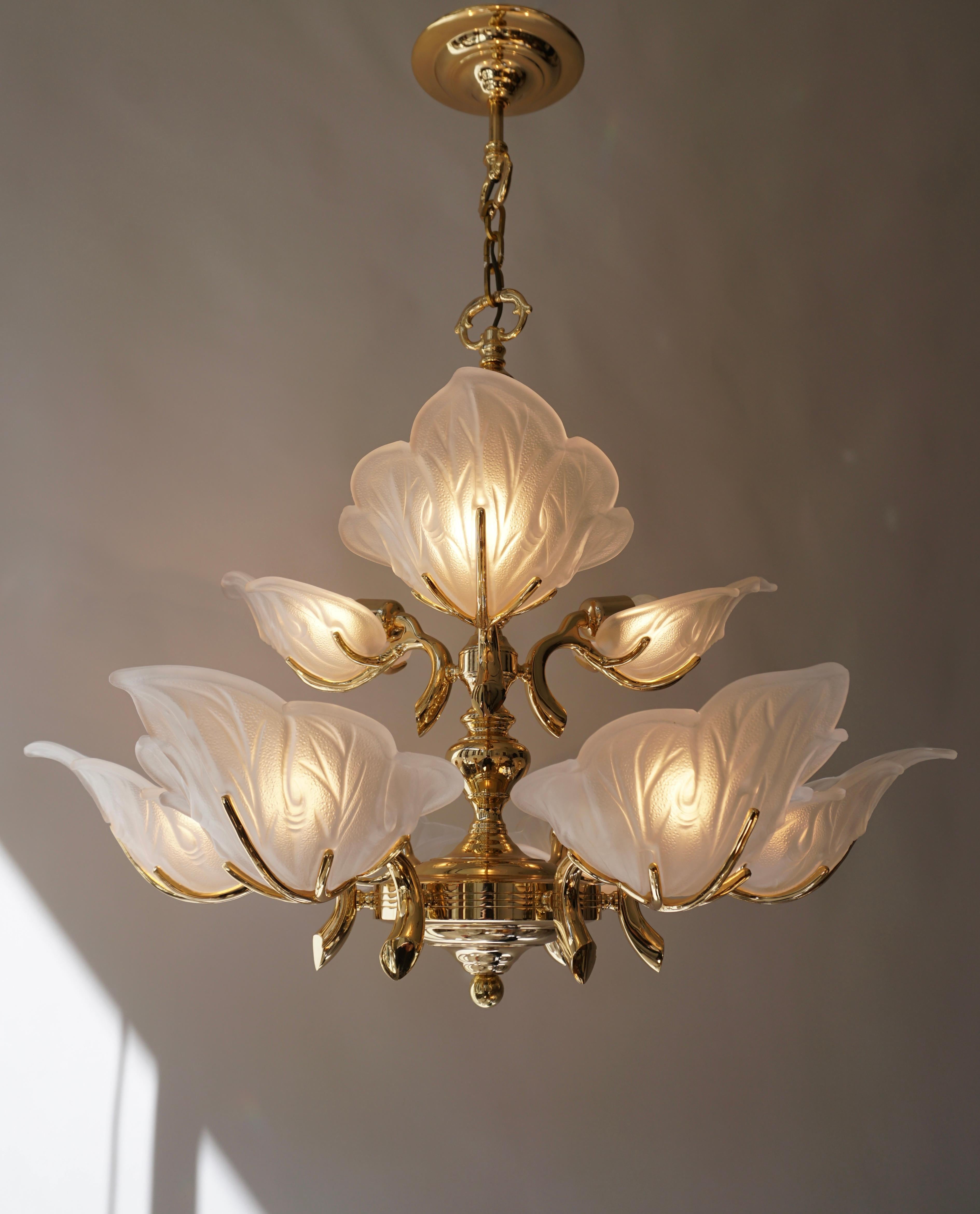 Wonderful chandelier made in Italy with 12 beautiful characteristic Murano frosted glass shells on a brass base. Manufactured in the early 1970s. Very impressive large glass chandelier and beautiful light effect when lit. 

The light requires nine