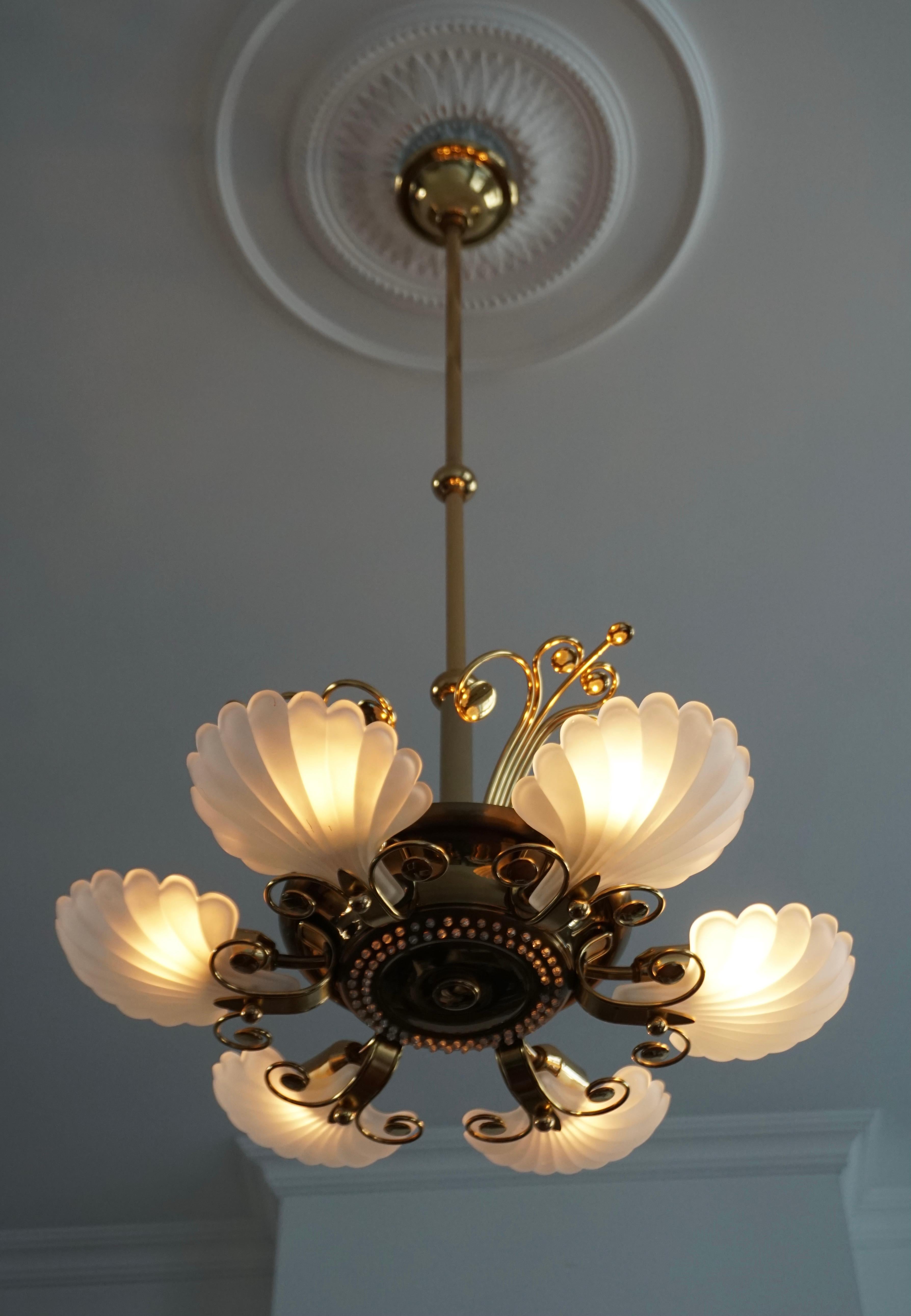 20th Century Italian Chandelier in Brass with Murano Glass Shells, 1970s For Sale