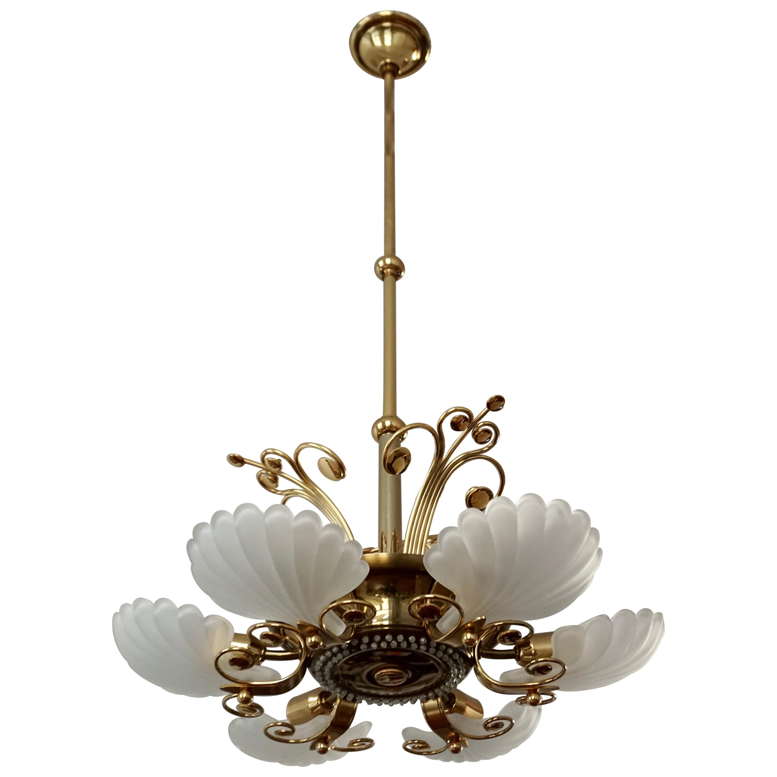 Italian Chandelier in Brass with Murano Glass Shells, 1970s For Sale